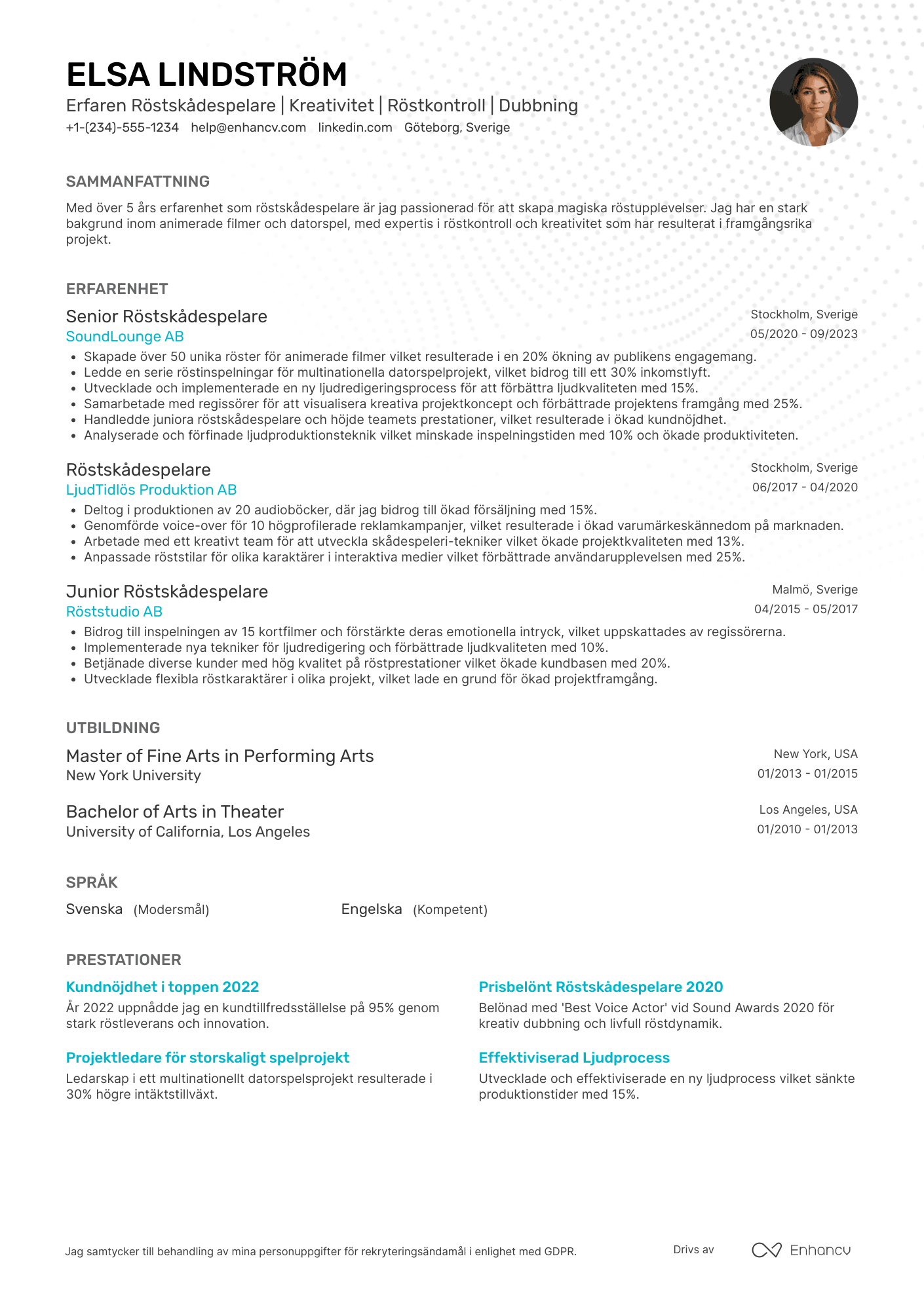 CV för Erfaren Röstskådespelare