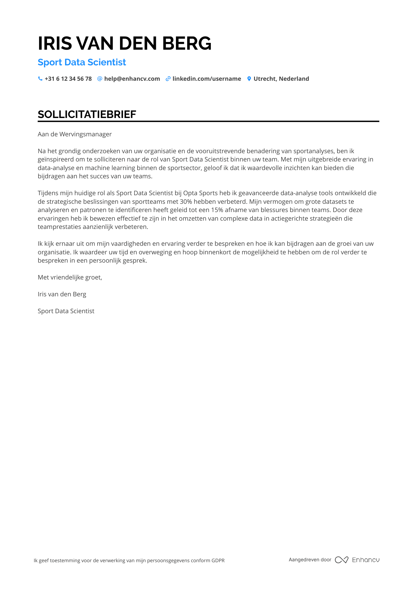 Sollicitatiebrief voor Sport Data Scientist