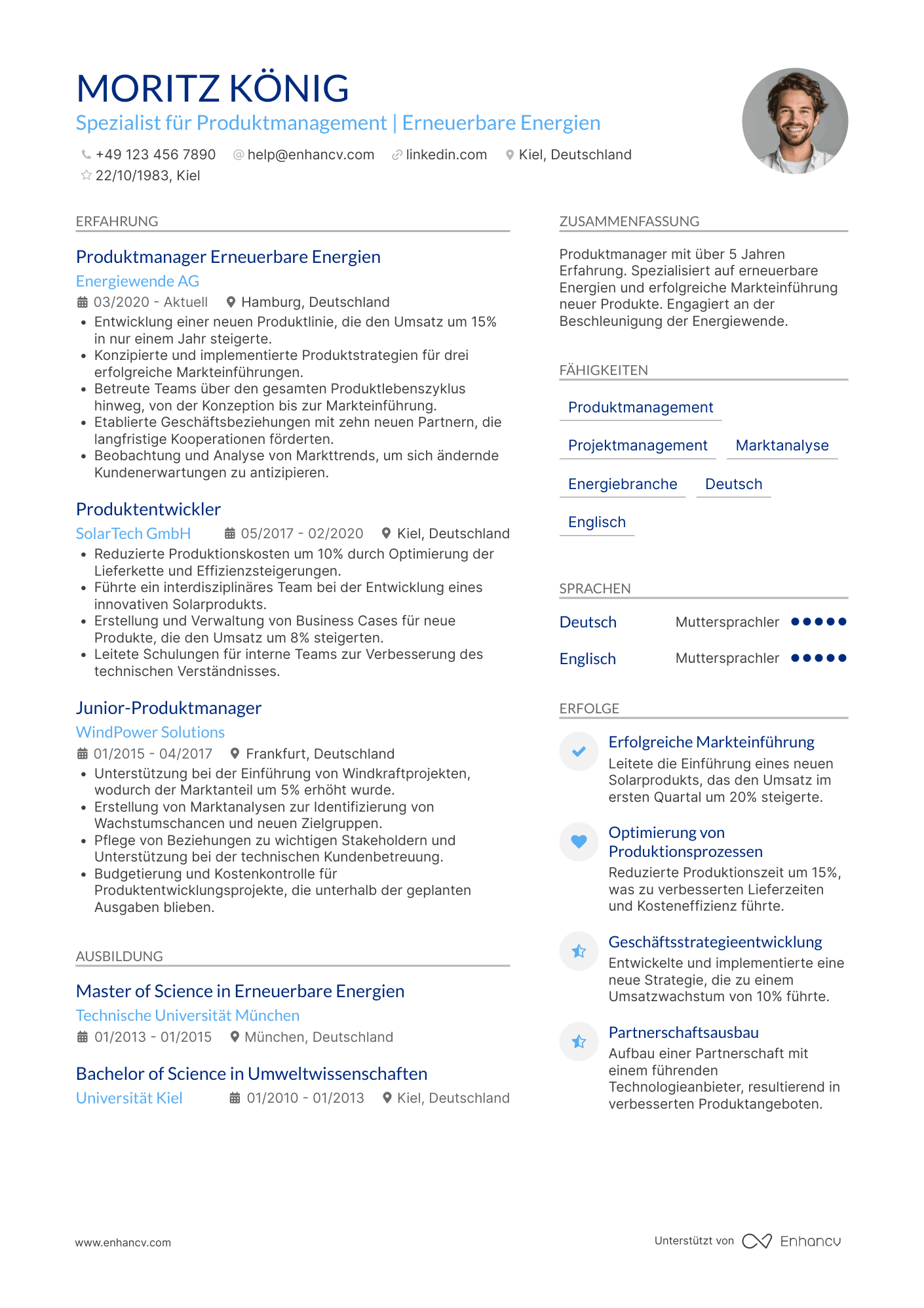 Lebenslauf in Produktmanager im Bereich erneuerbare Energien