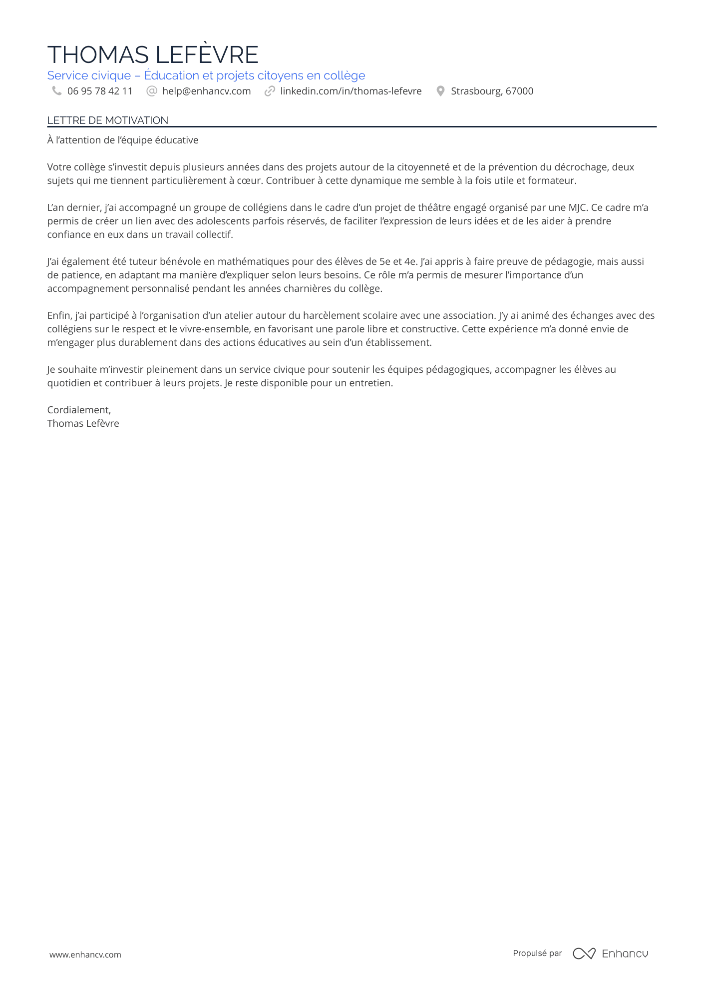 Modèle de lettre de motivation pour un service civique dans un collège
