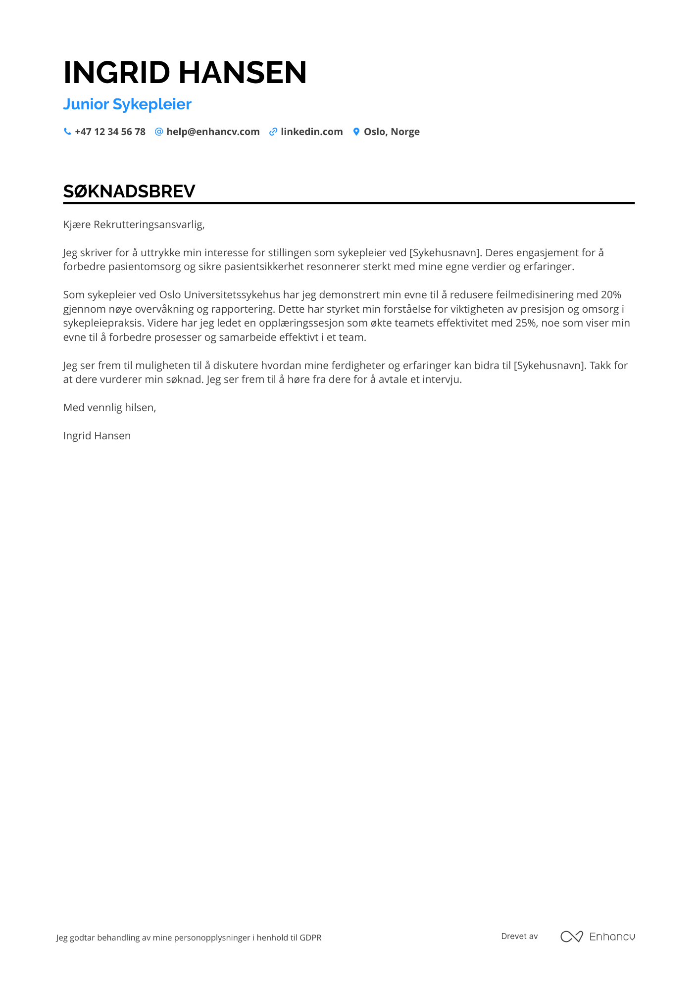 Søknadsbrev for Junior Sykepleier