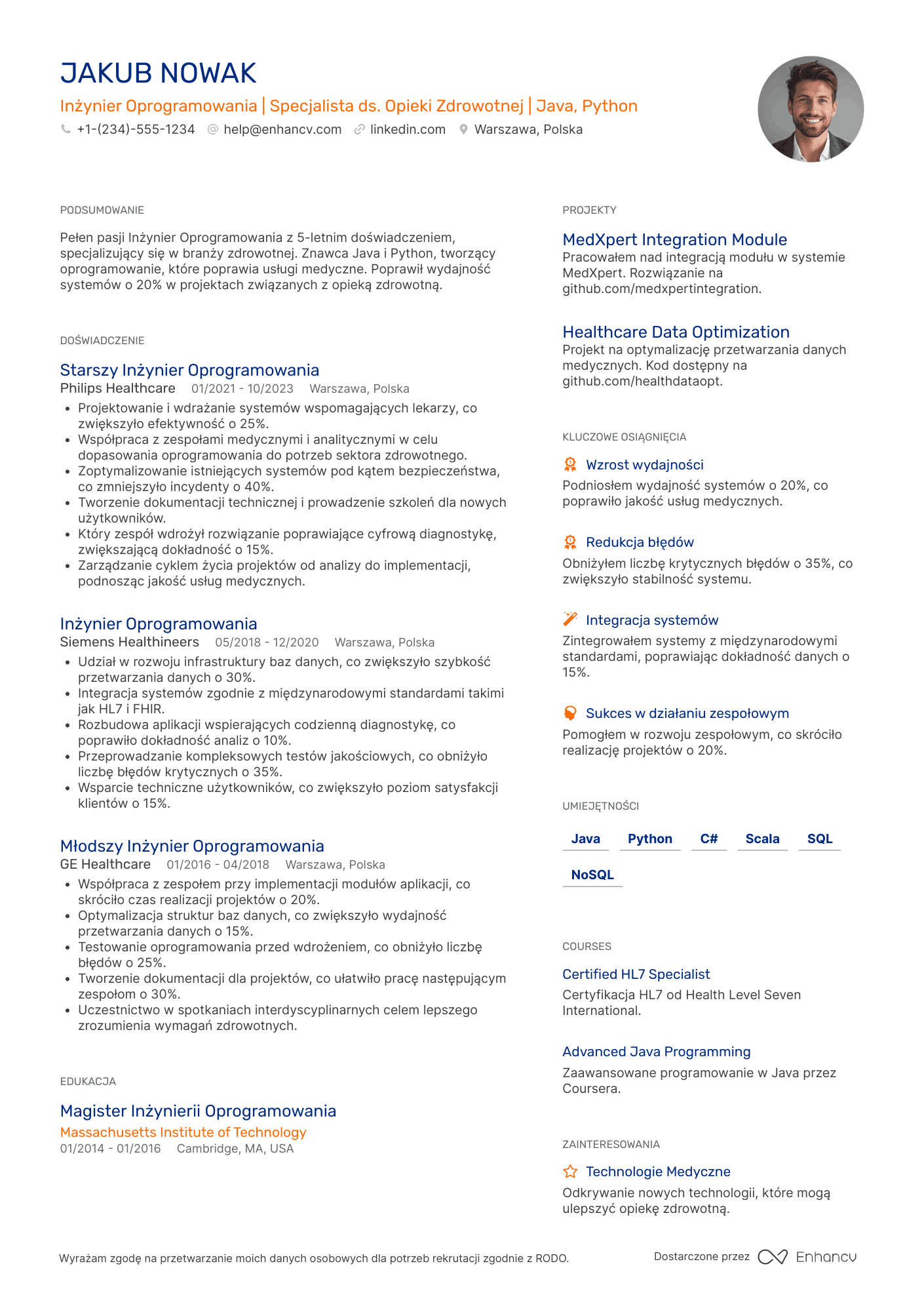 CV dla Healthcare Software Engineer