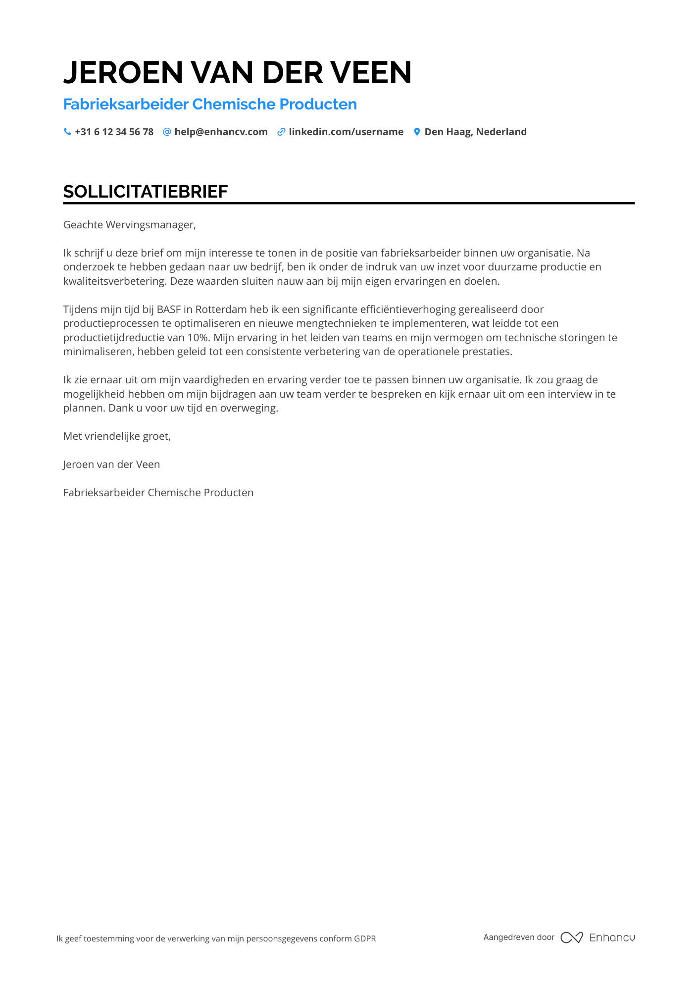 Sollicitatiebrief voor Fabrieksarbeider Chemische Producten