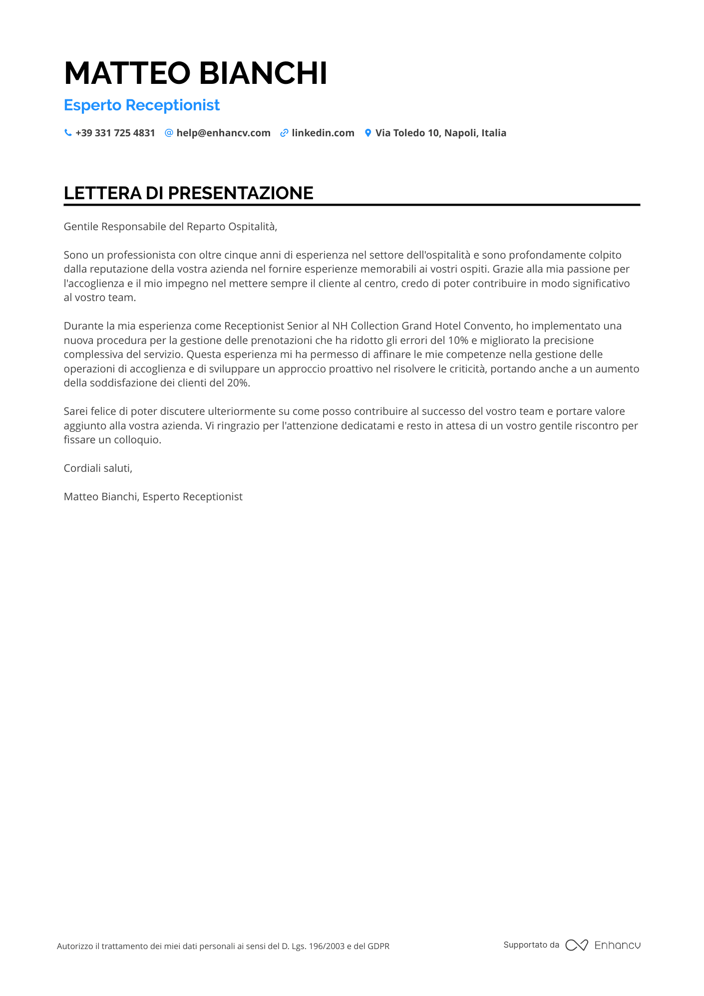 Receptionist Prima Esperienza