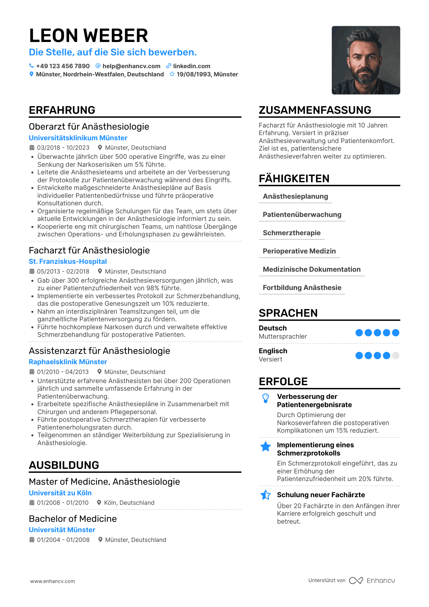 Lebenslauf als Arzt für Anästhesiologie