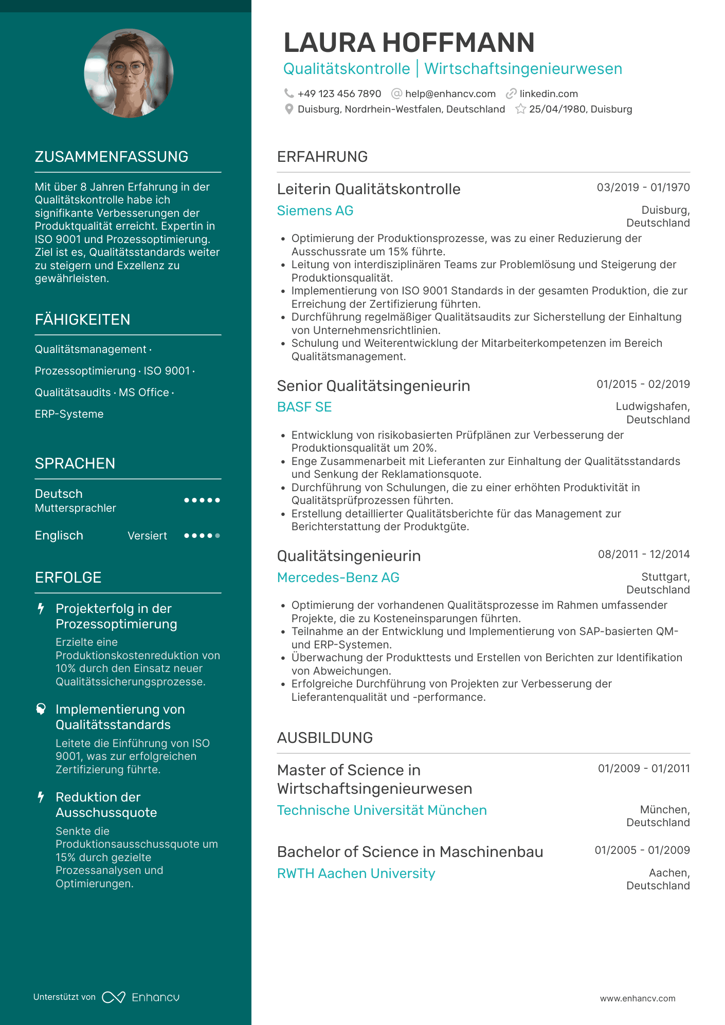 Lebenslauf als Wirtschaftsingenieur in der Qualitätskontrolle