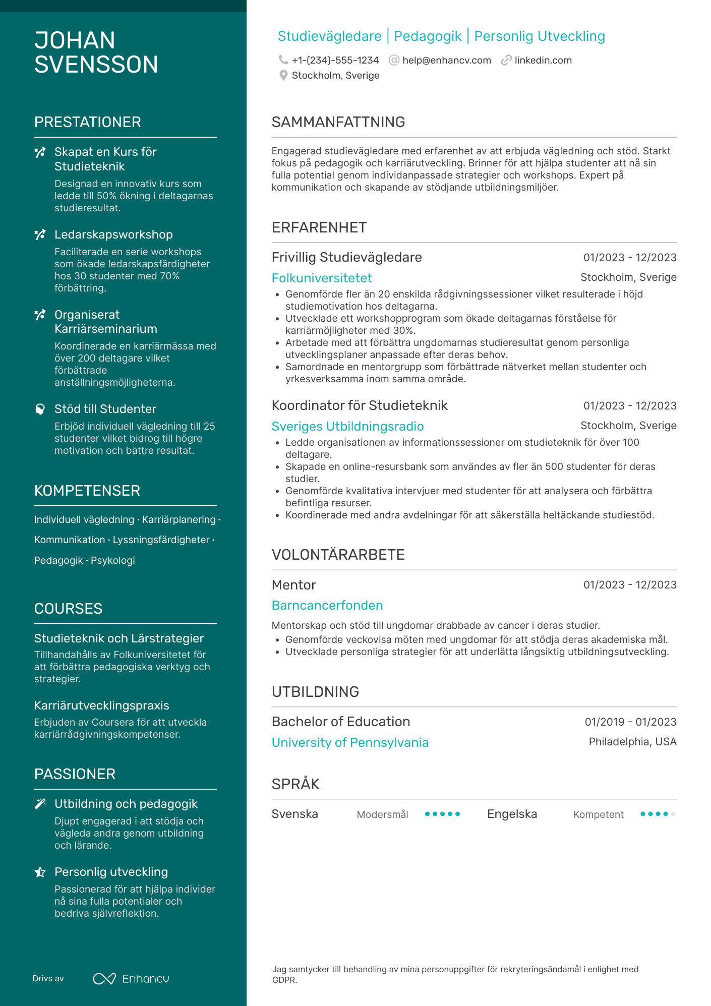 CV för Student Advisor