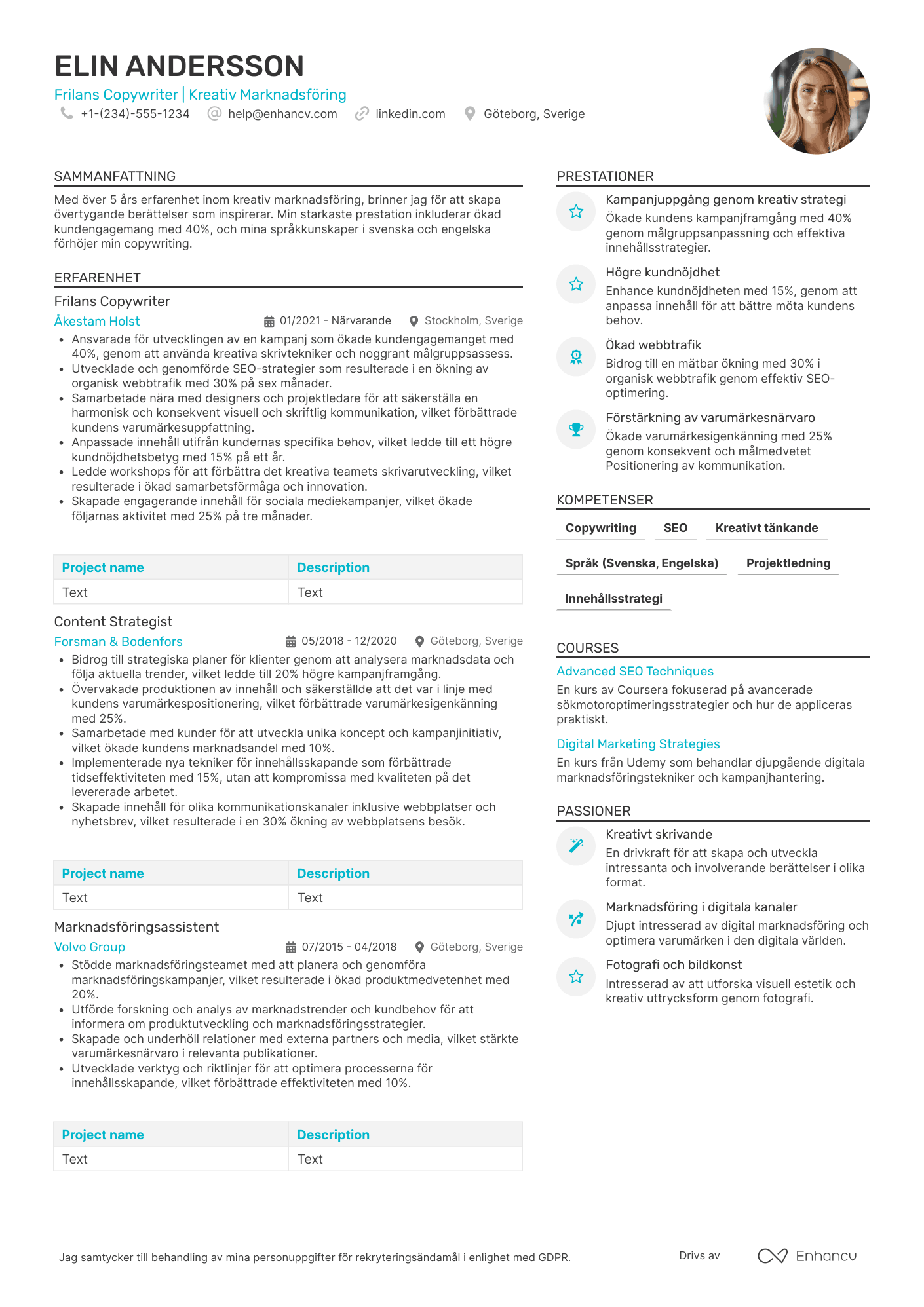 CV för Frilans Copywriter