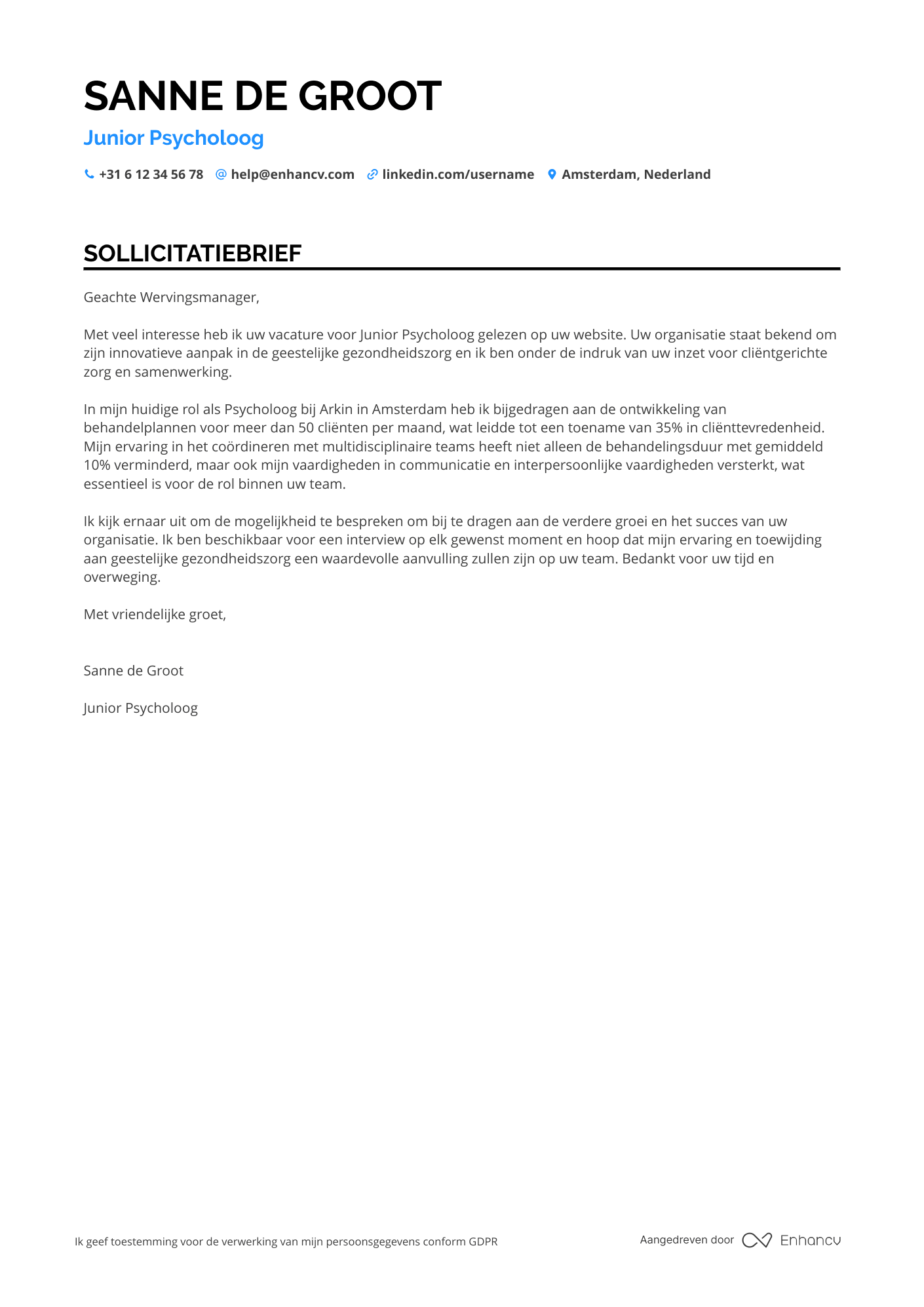 Sollicitatiebrief voor Junior Psycholoog