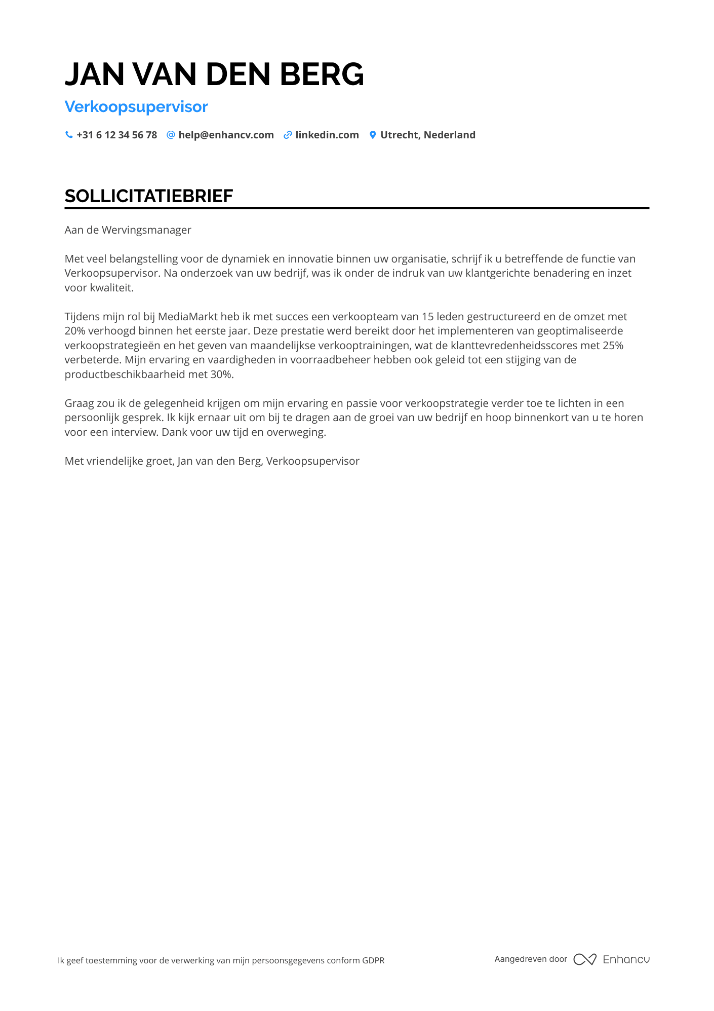Sollicitatiebrief voor Verkoopsupervisor elektronica