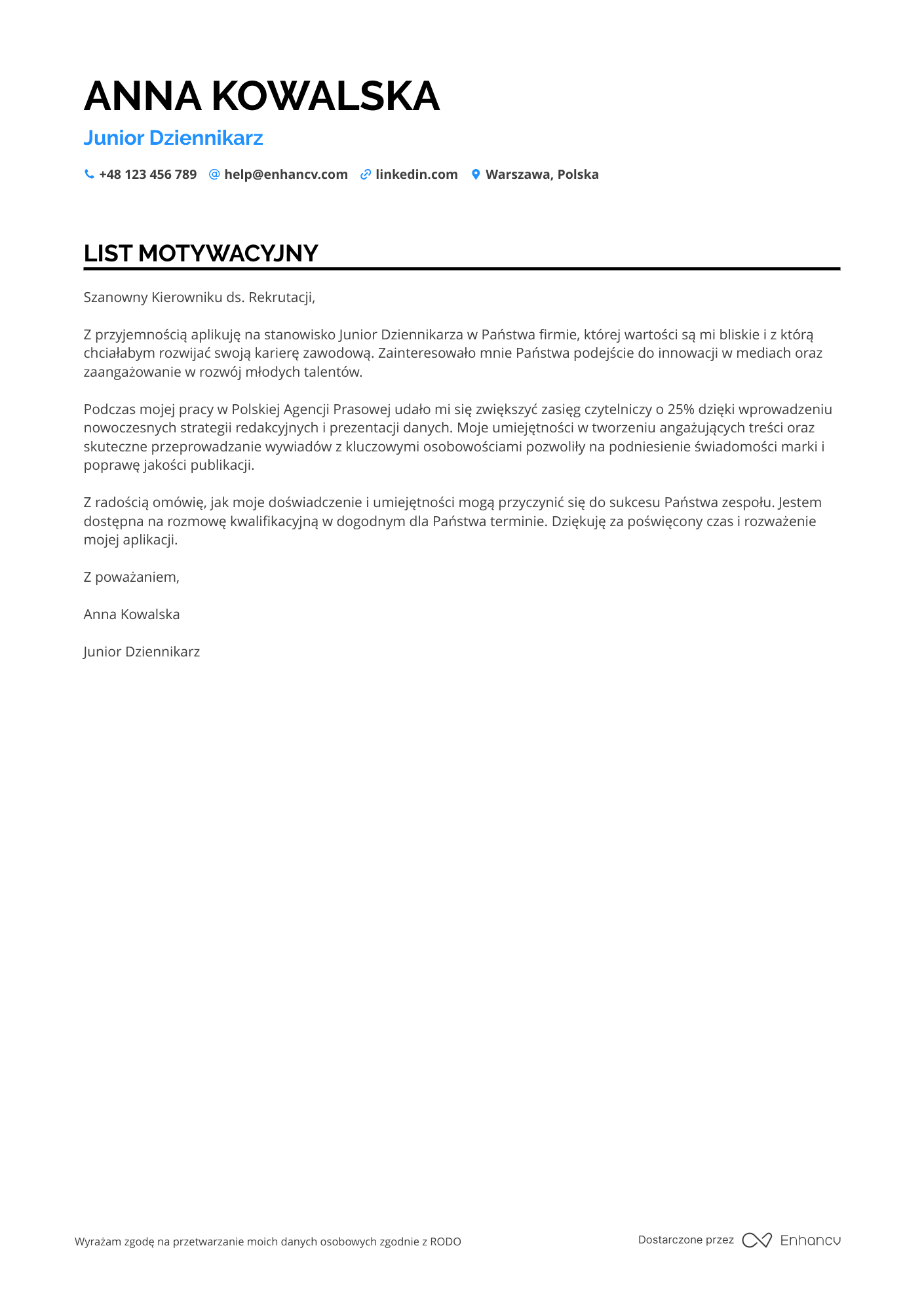 List motywacyjny dla Junior Dziennikarz