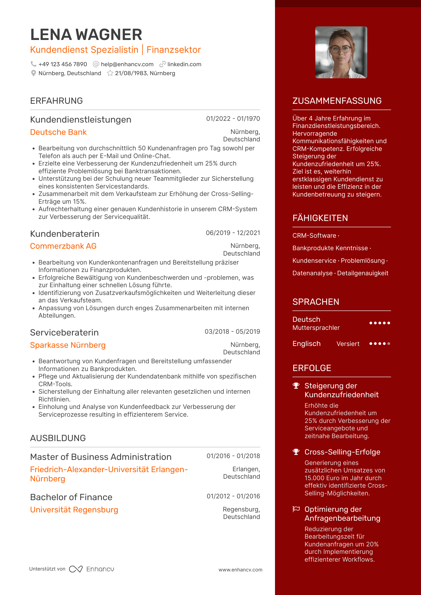 Lebenslauf in Kundenservice im Finanzsektor