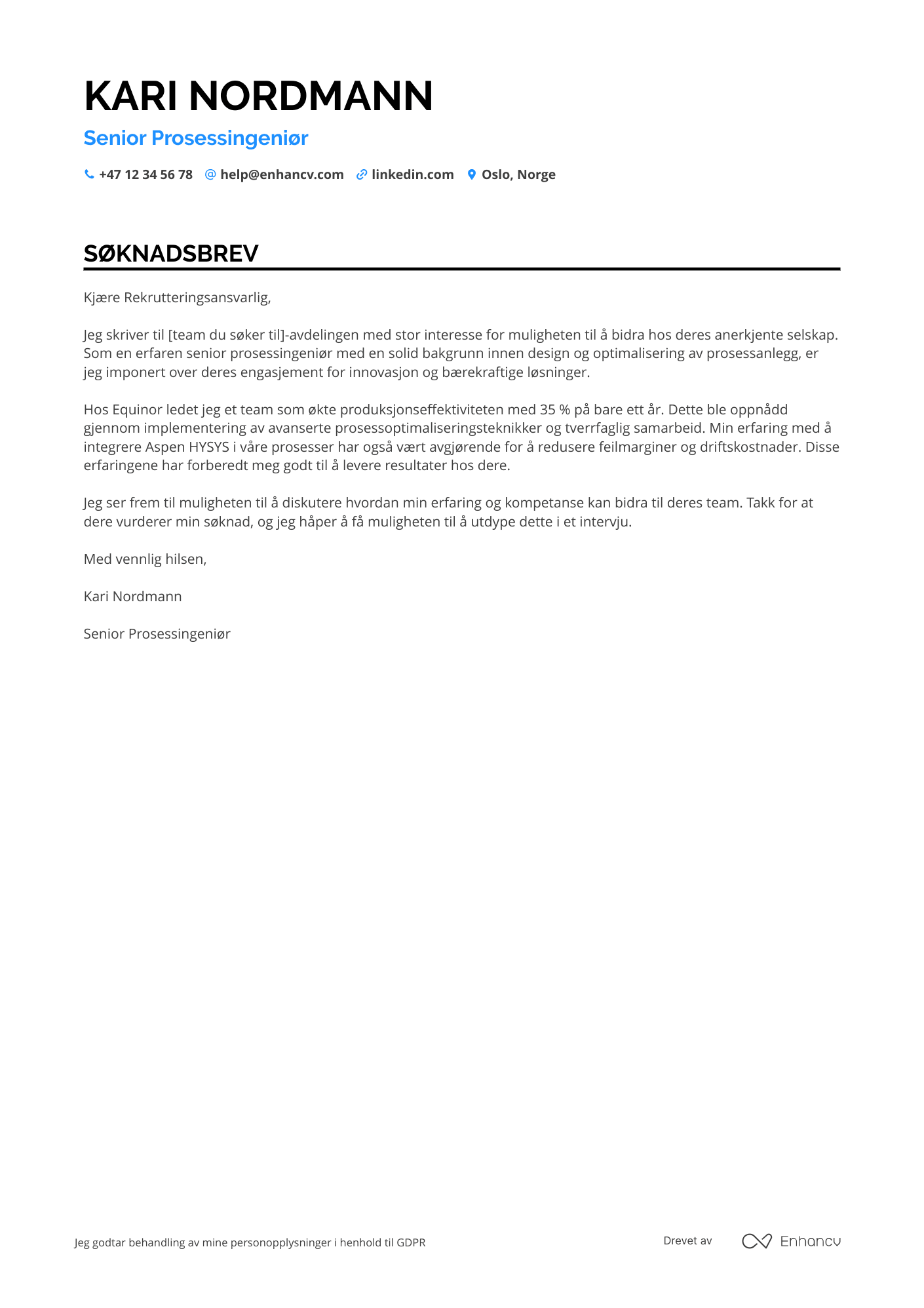 Søknadsbrev for Senior Prosessingeniør