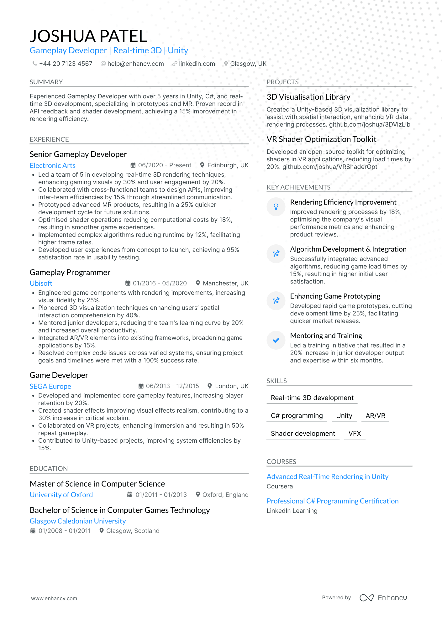 Entry Level Game Developer CV Examples