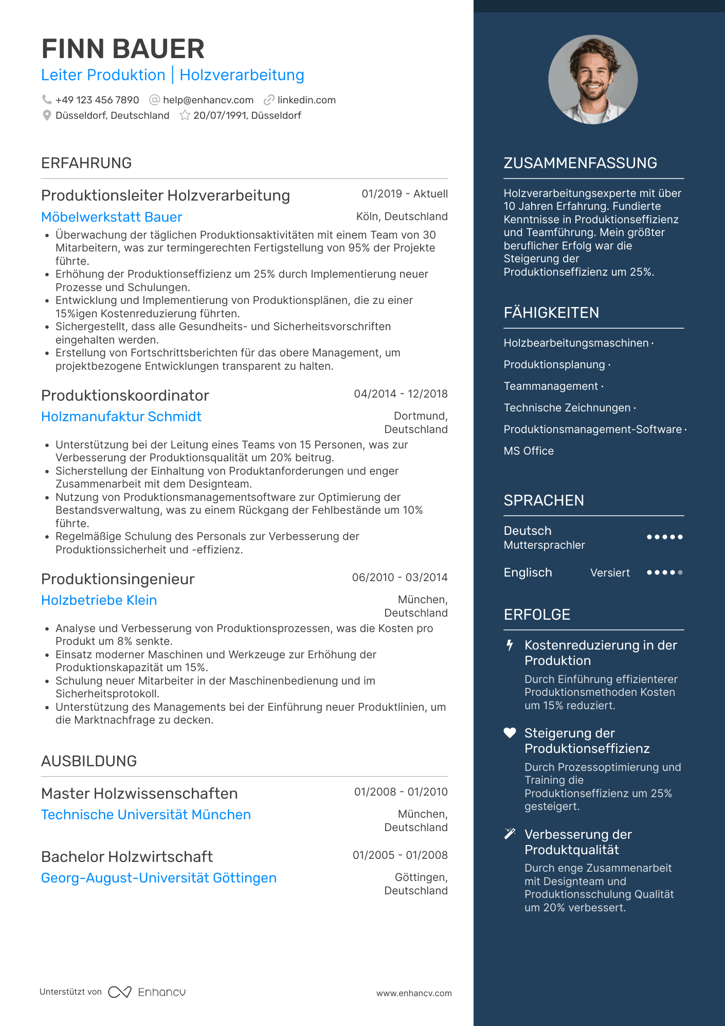 Lebenslauf als Tischlerproduktionsleiter