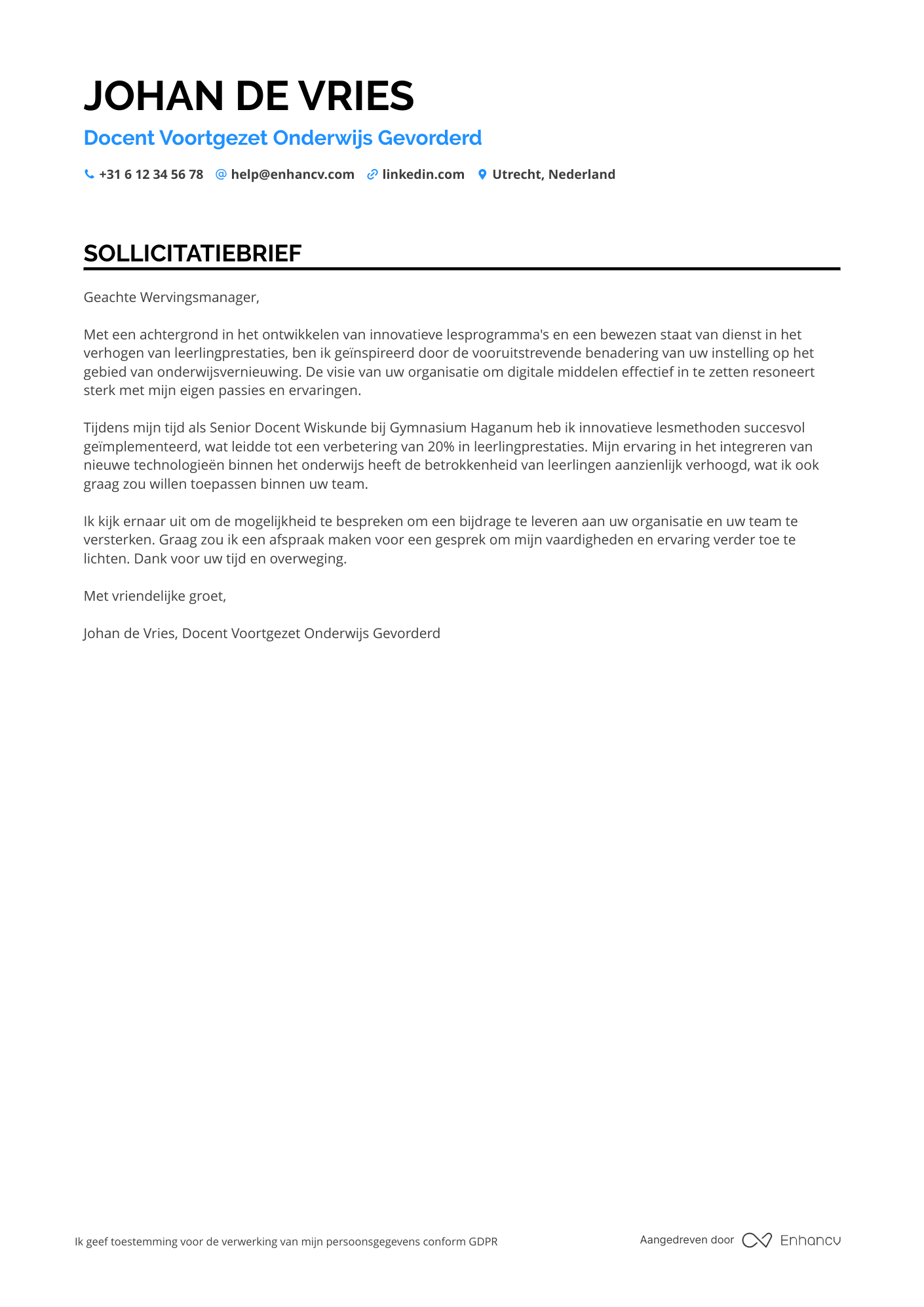 Sollicitatiebrief voor Docent Voortgezet Onderwijs Gevorderd