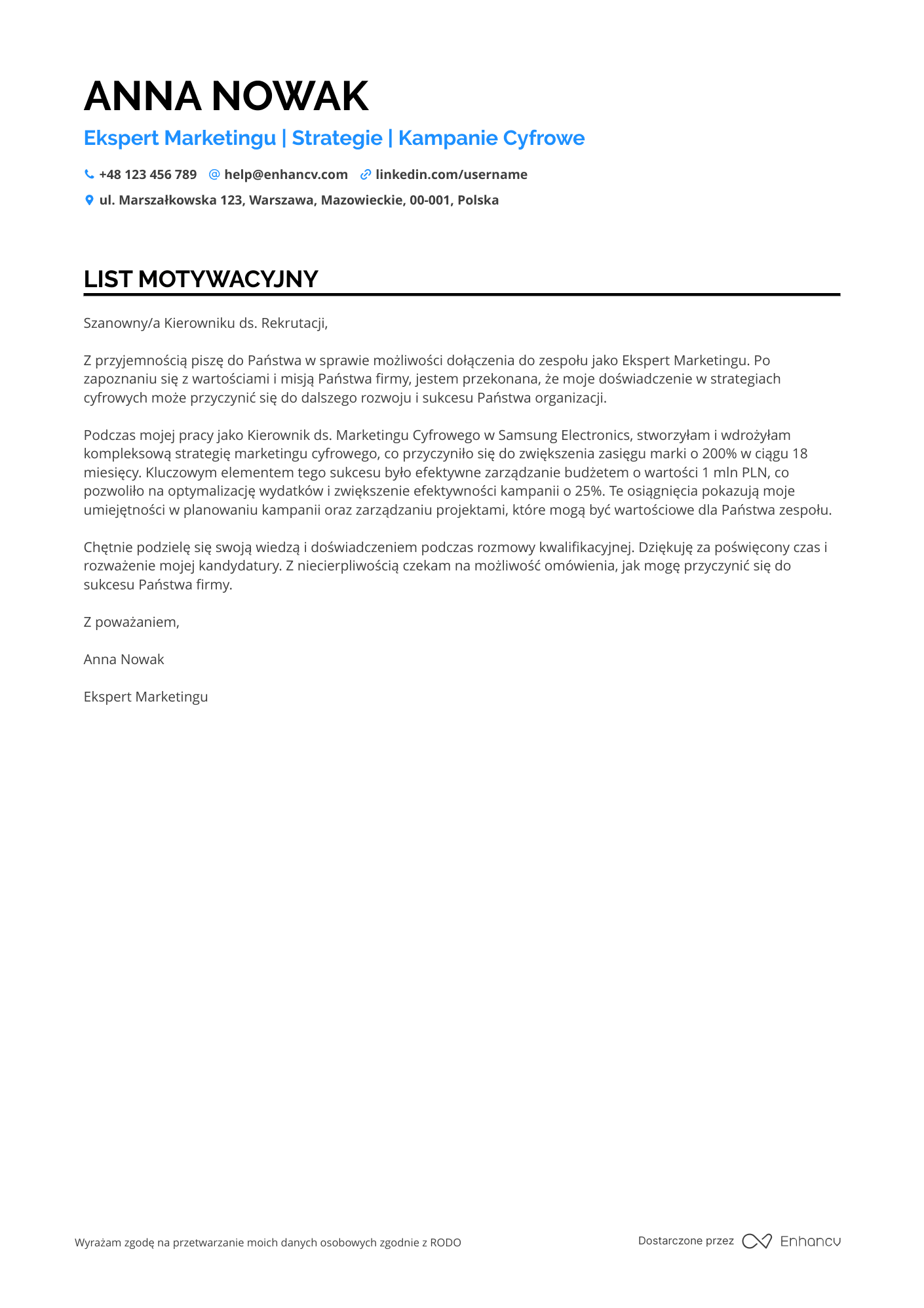 List motywacyjny dla Kierownik ds. Marketingu