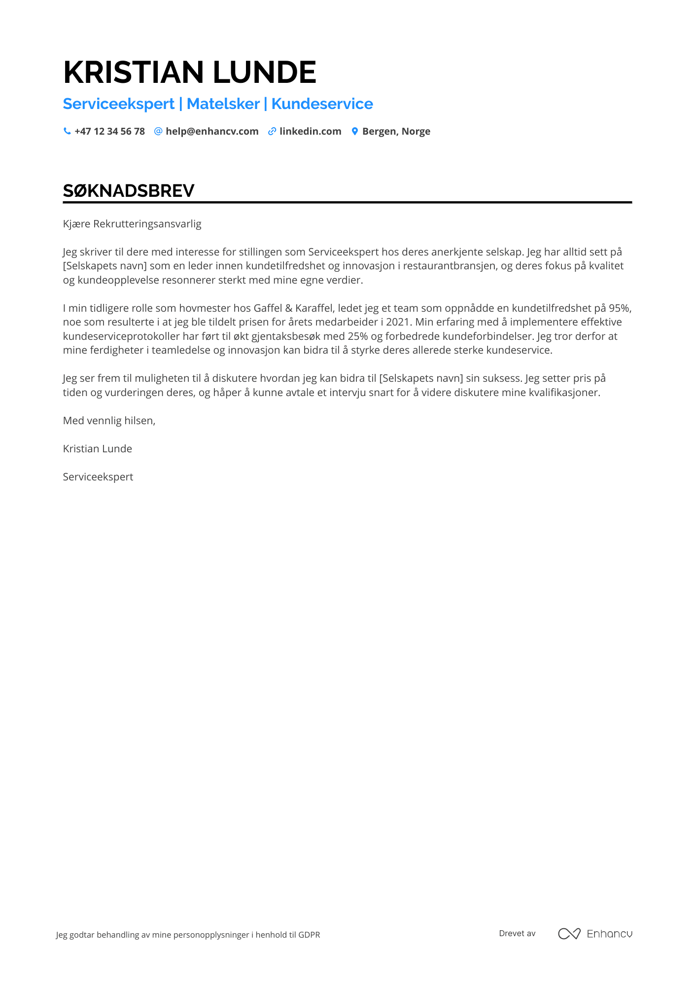 Søknadsbrev for Restaurantmedarbeider Nybegynner