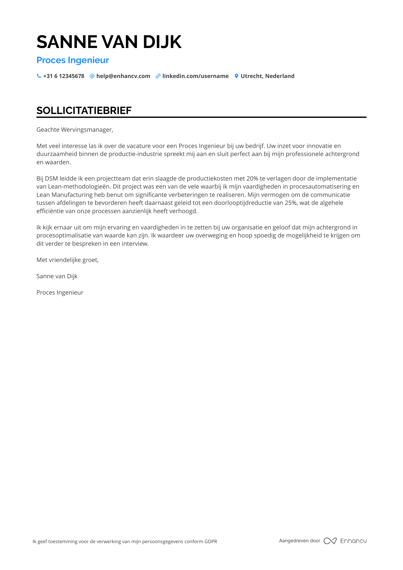 Sollicitatiebrief voor Proces ingenieur