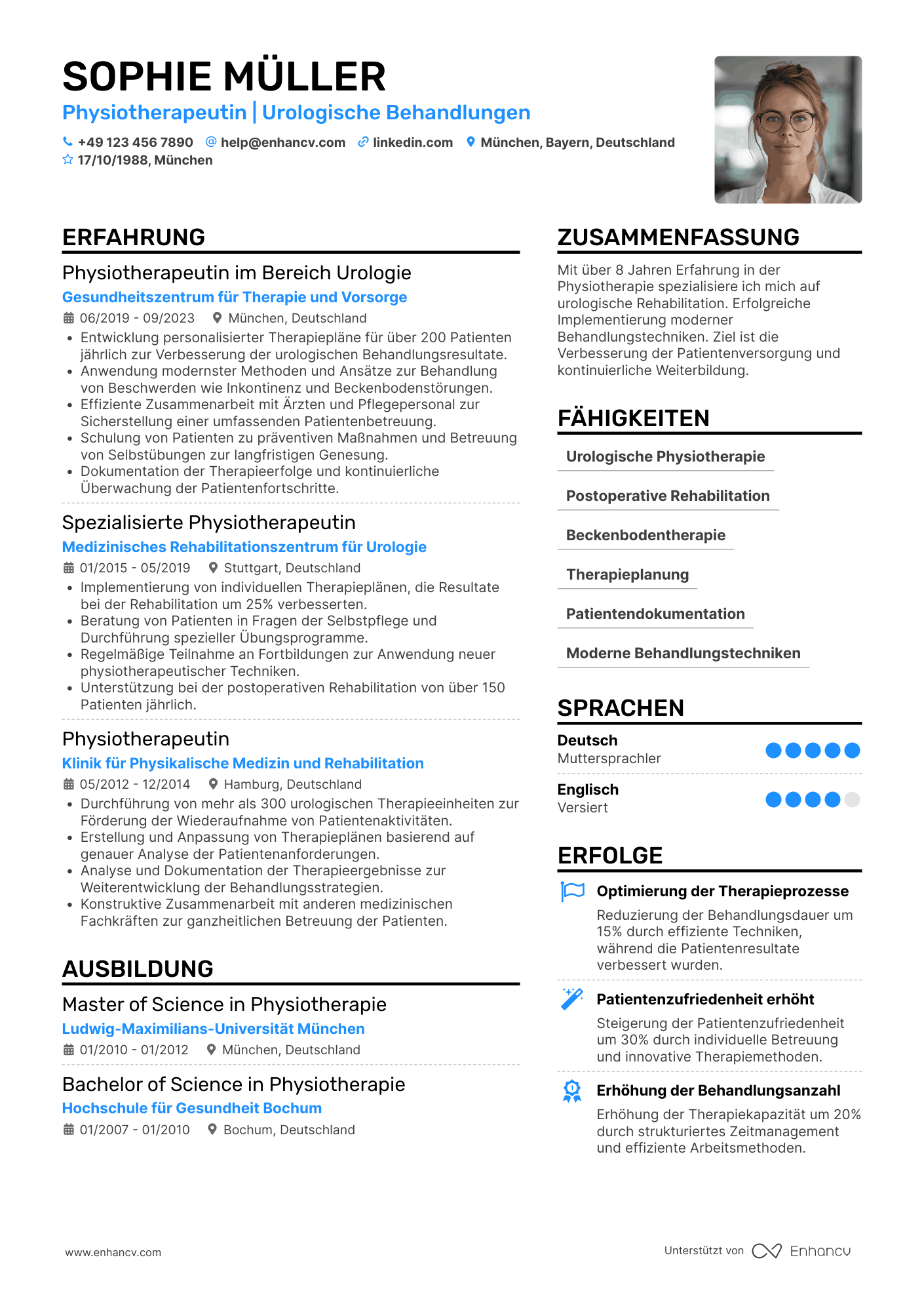 Lebenslauf als Physiotherapeut in der Urologie