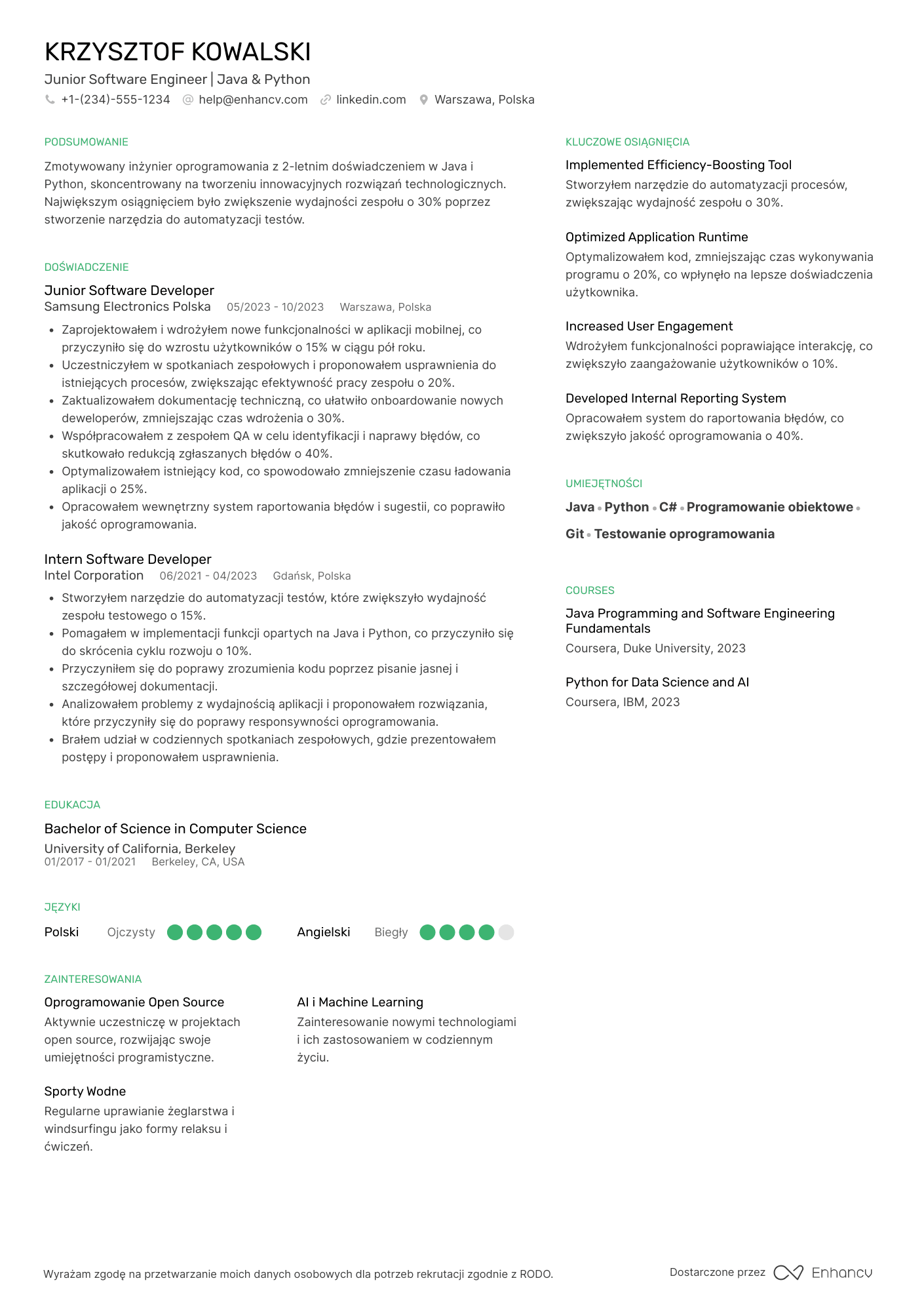 CV dla Junior Software Engineer