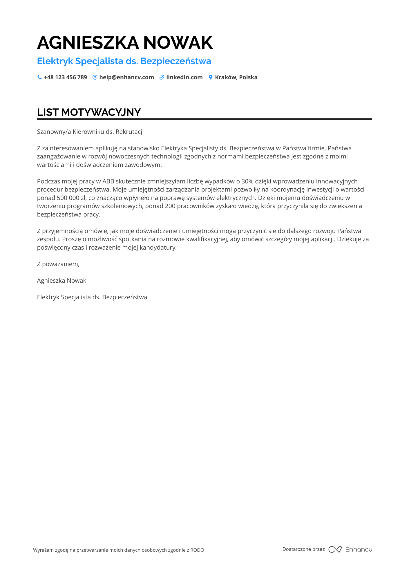 List motywacyjny dla Elektryk Specjalista ds. Bezpieczeństwa