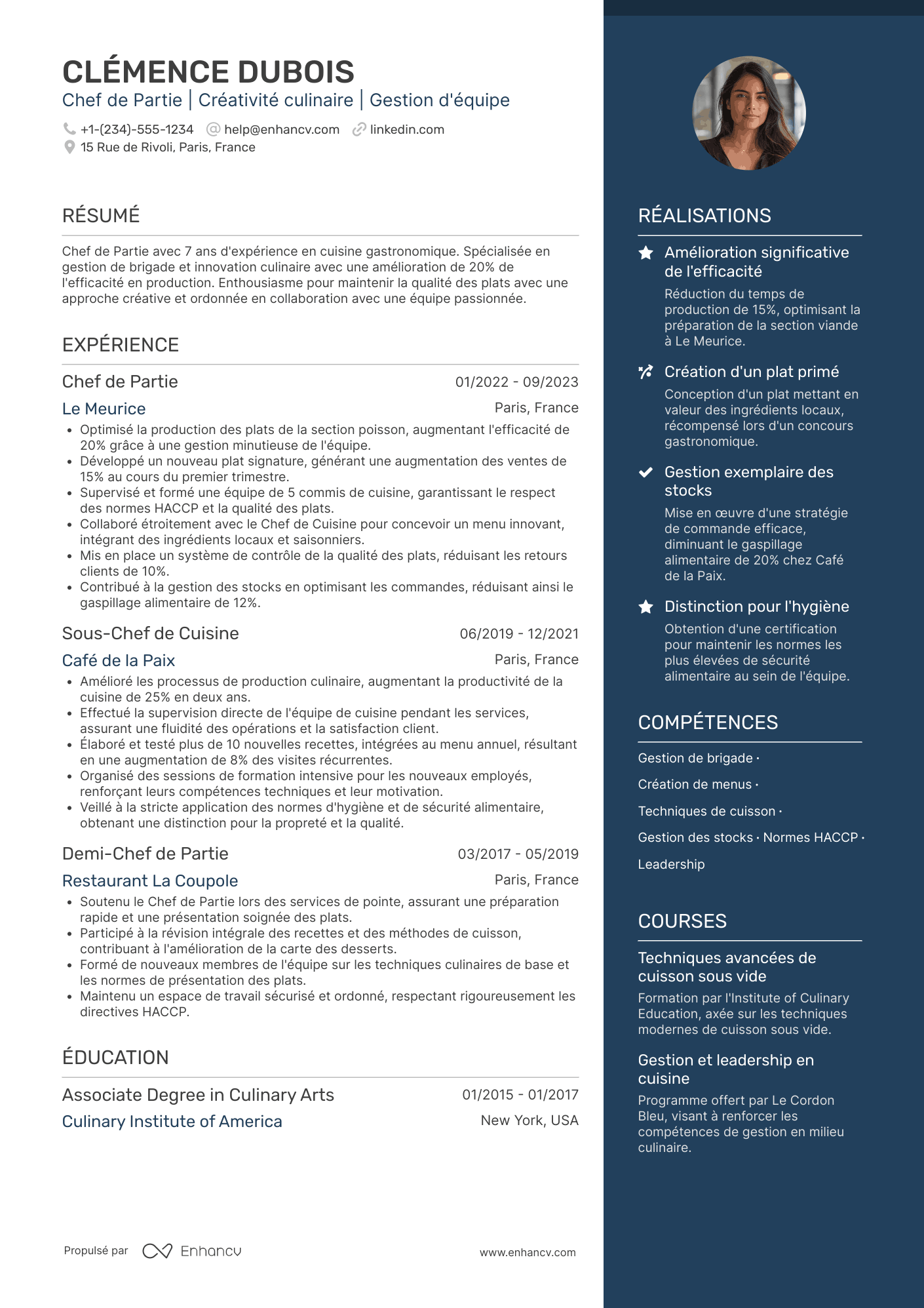 CV de cuisinier chef de partie