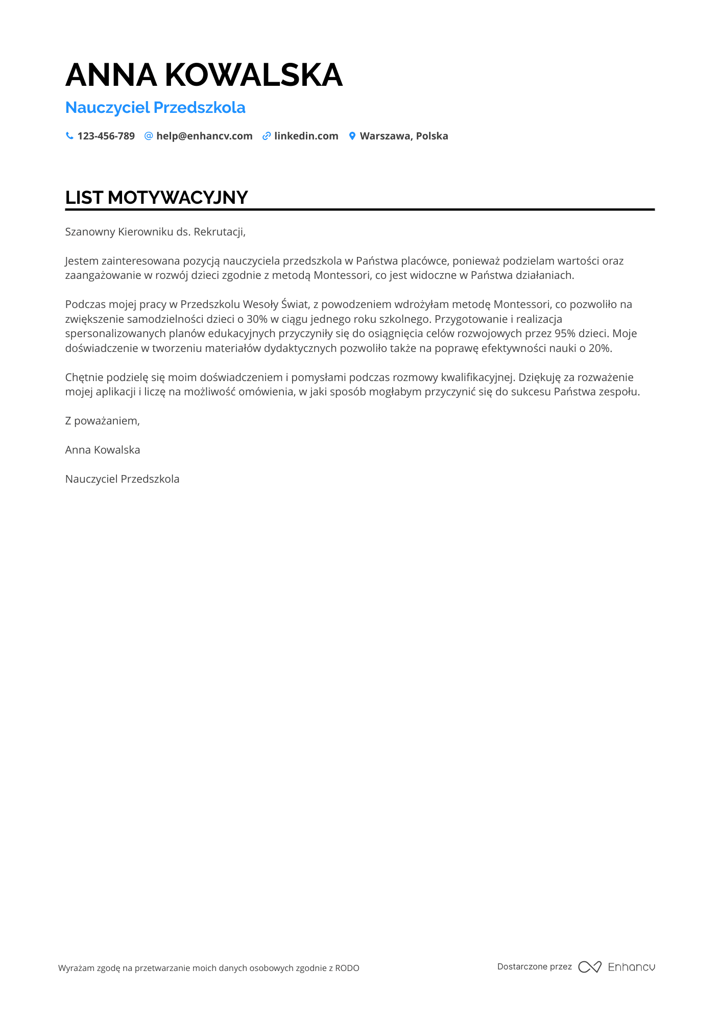 List motywacyjny dla Nauczyciel Przedszkola Montessori