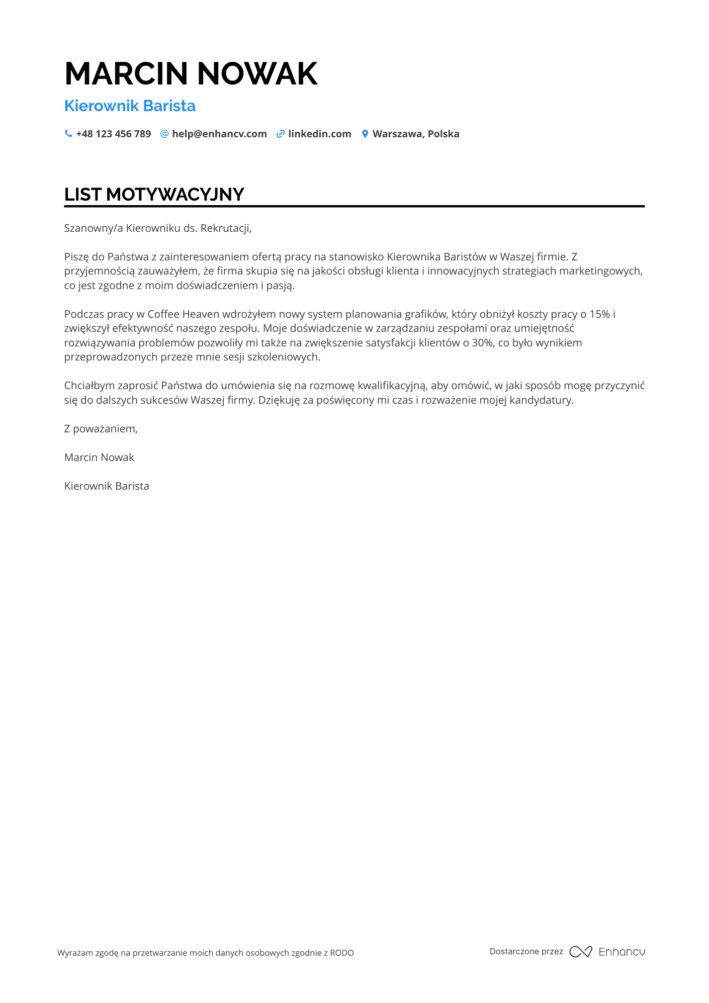 List motywacyjny dla Barista Supervisor