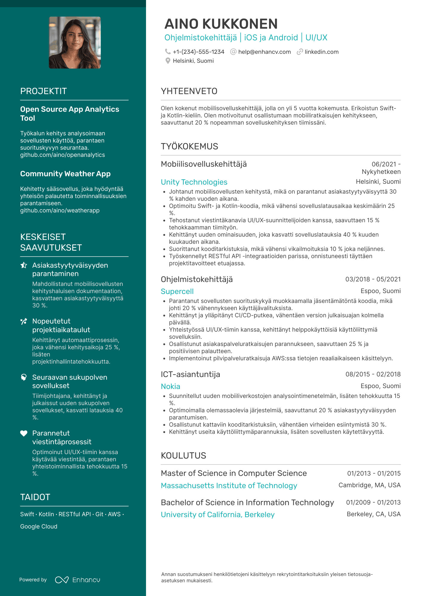 Ansioluettelo Ohjelmistokehittäjä Mobile