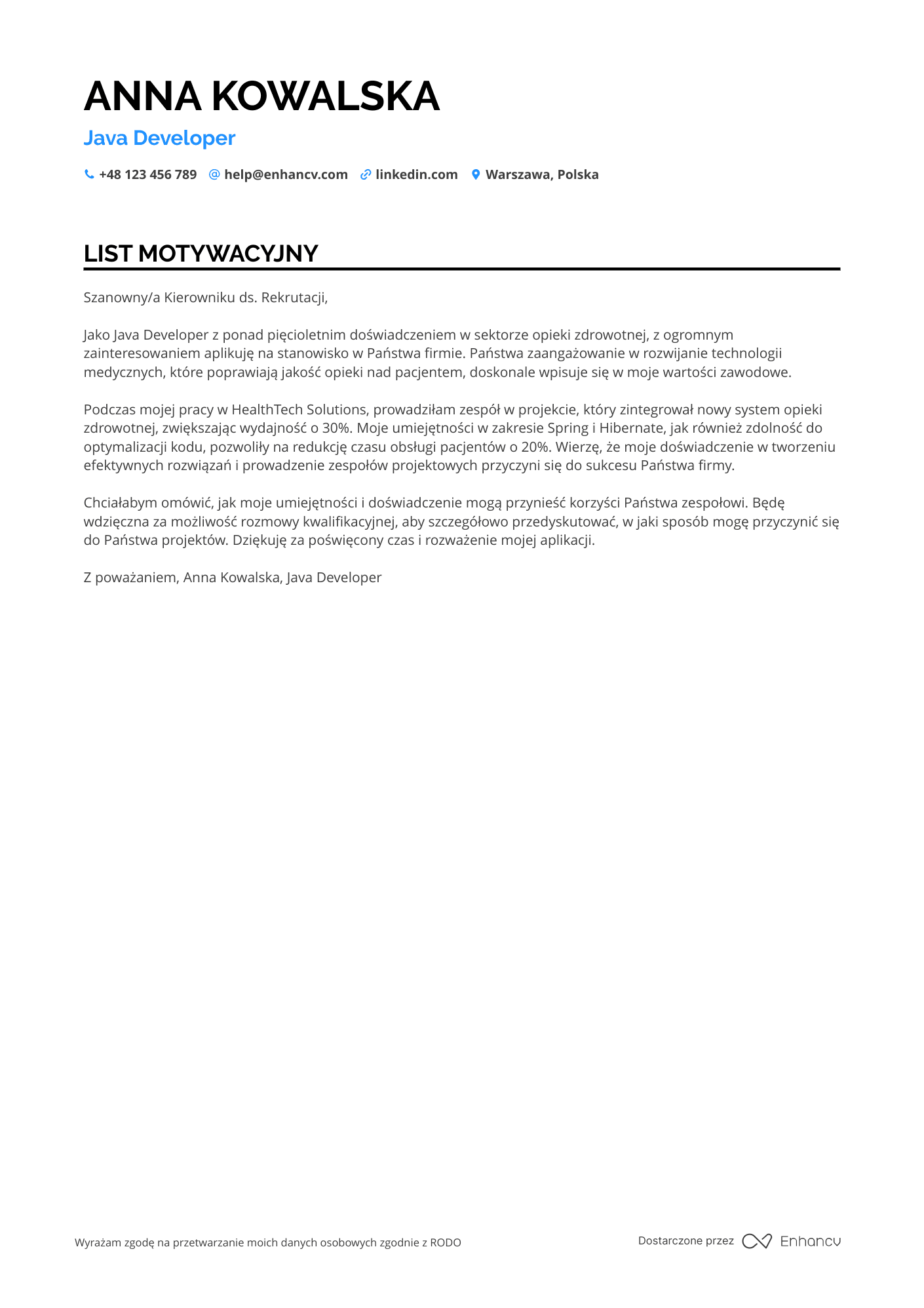 List motywacyjny dla Java Developer in Healthcare