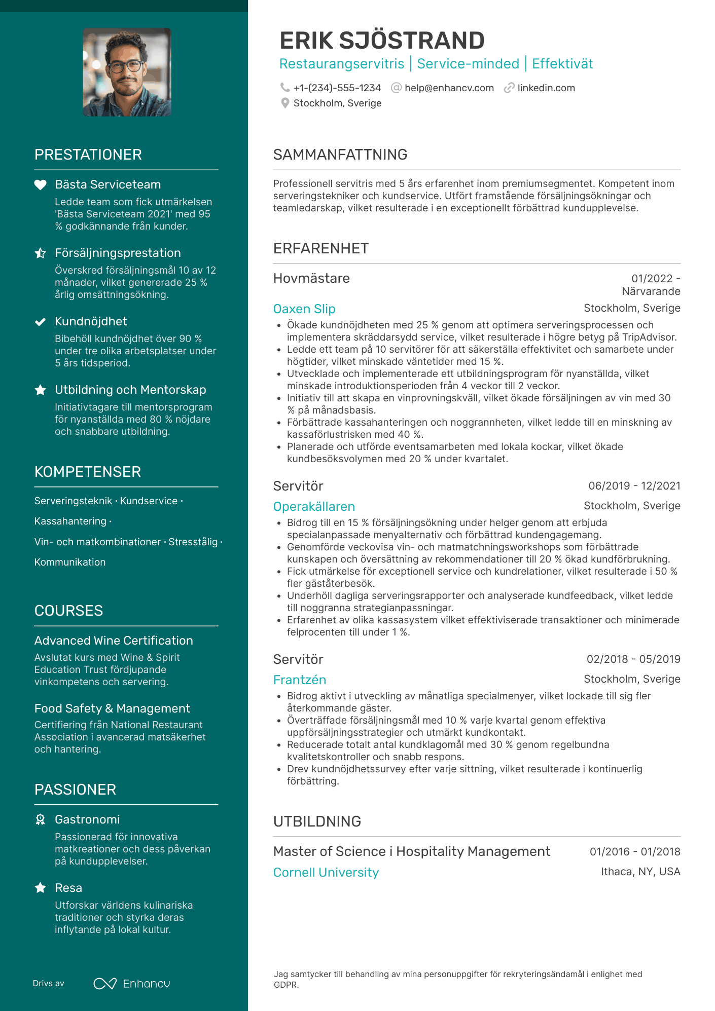 CV för Restaurang Servitris