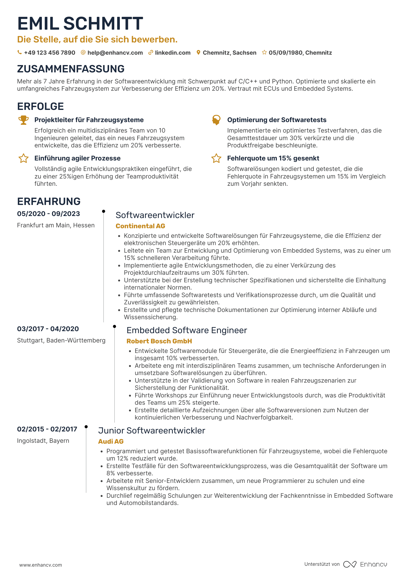 Lebenslauf in Softwareentwickler in der Automobilindustrie