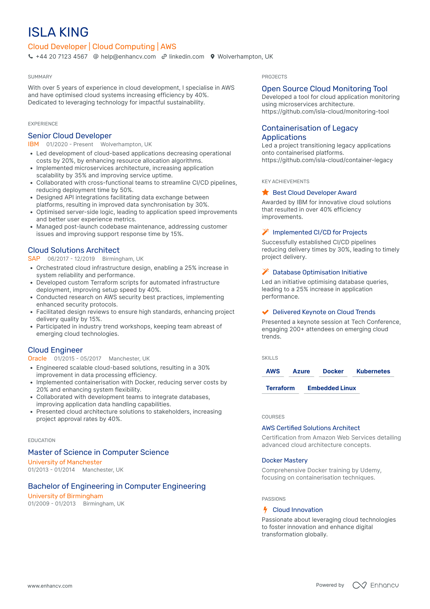 Cloud Developer CV Examples