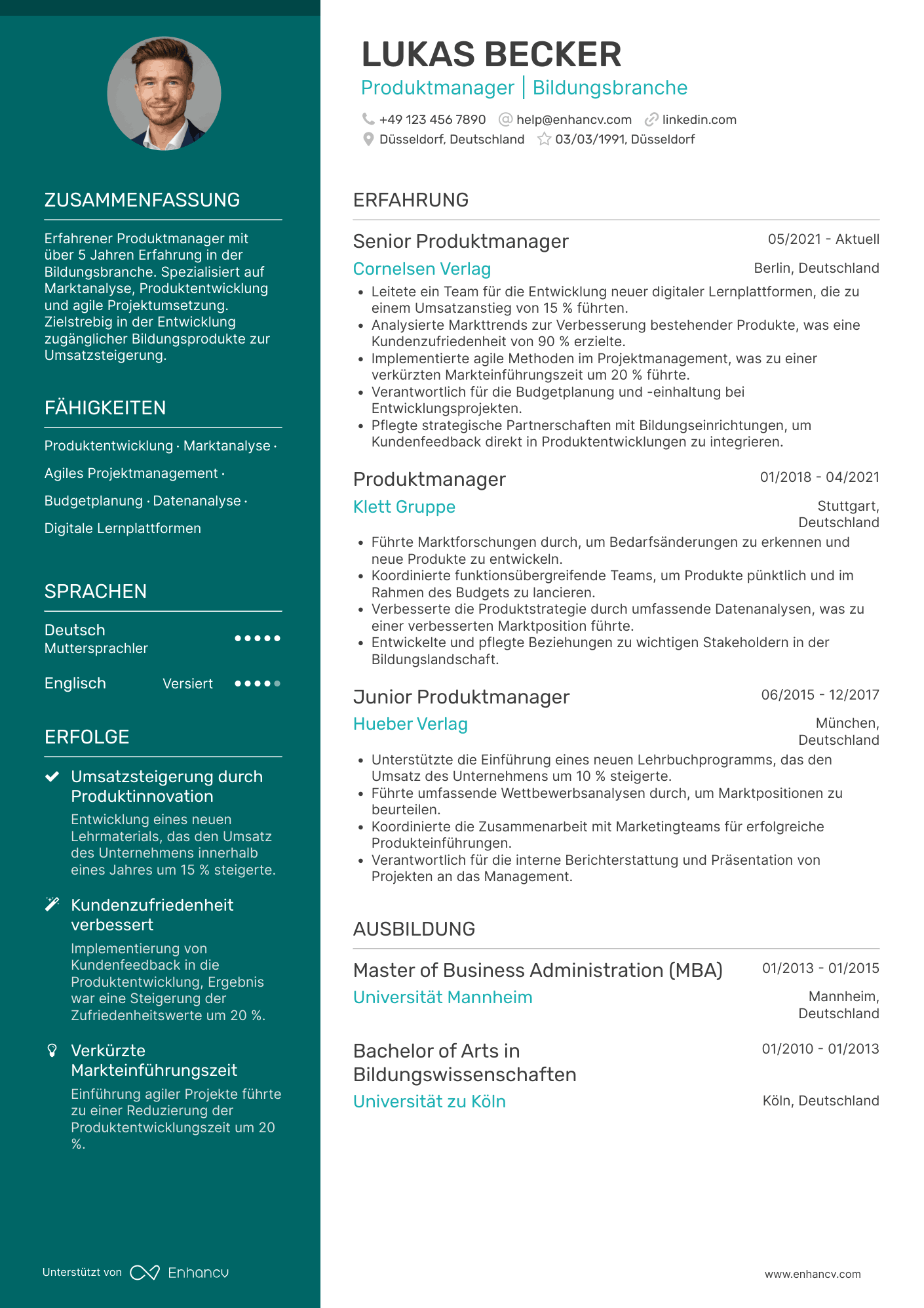Lebenslauf in Produktmanager in der Bildungsbranche