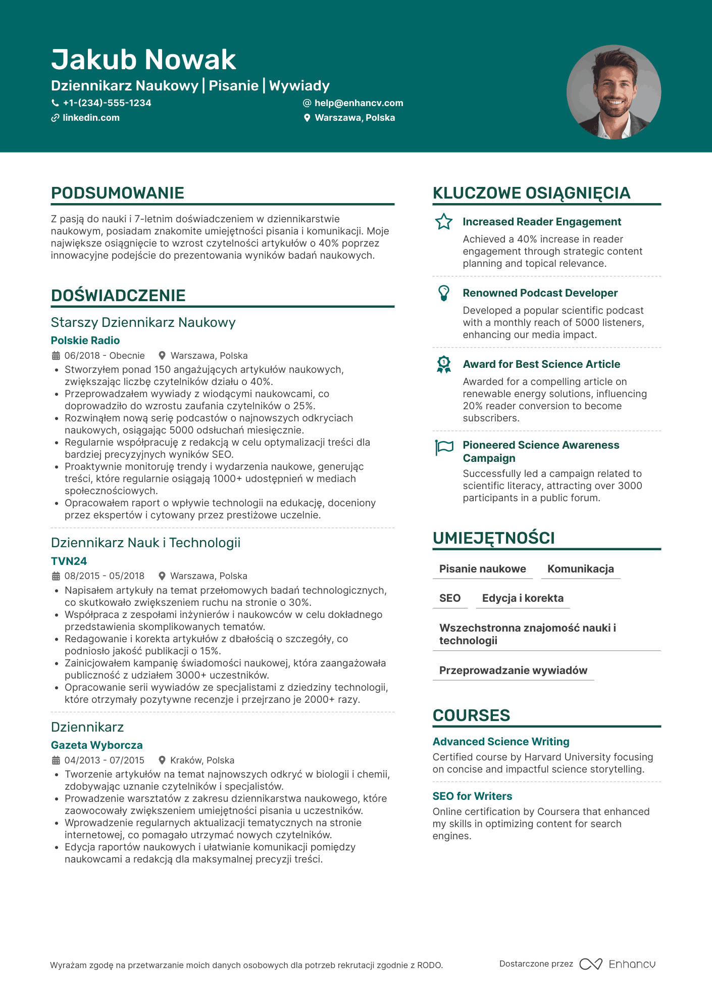 CV dla Dziennikarz Naukowy