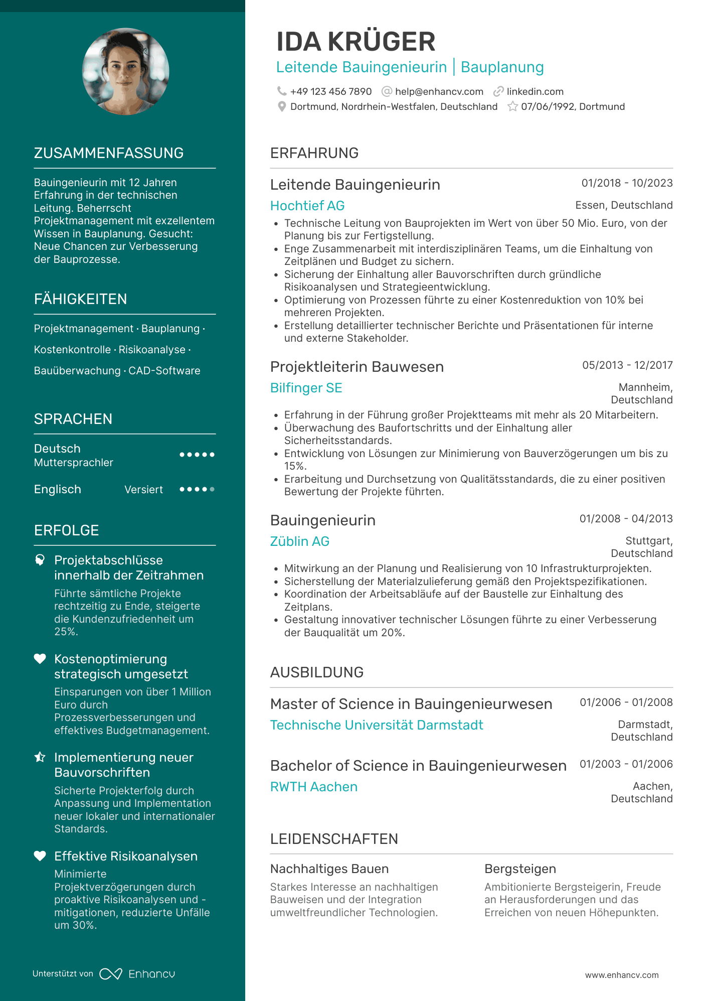 Lebenslauf als Leitender Bauingenieur