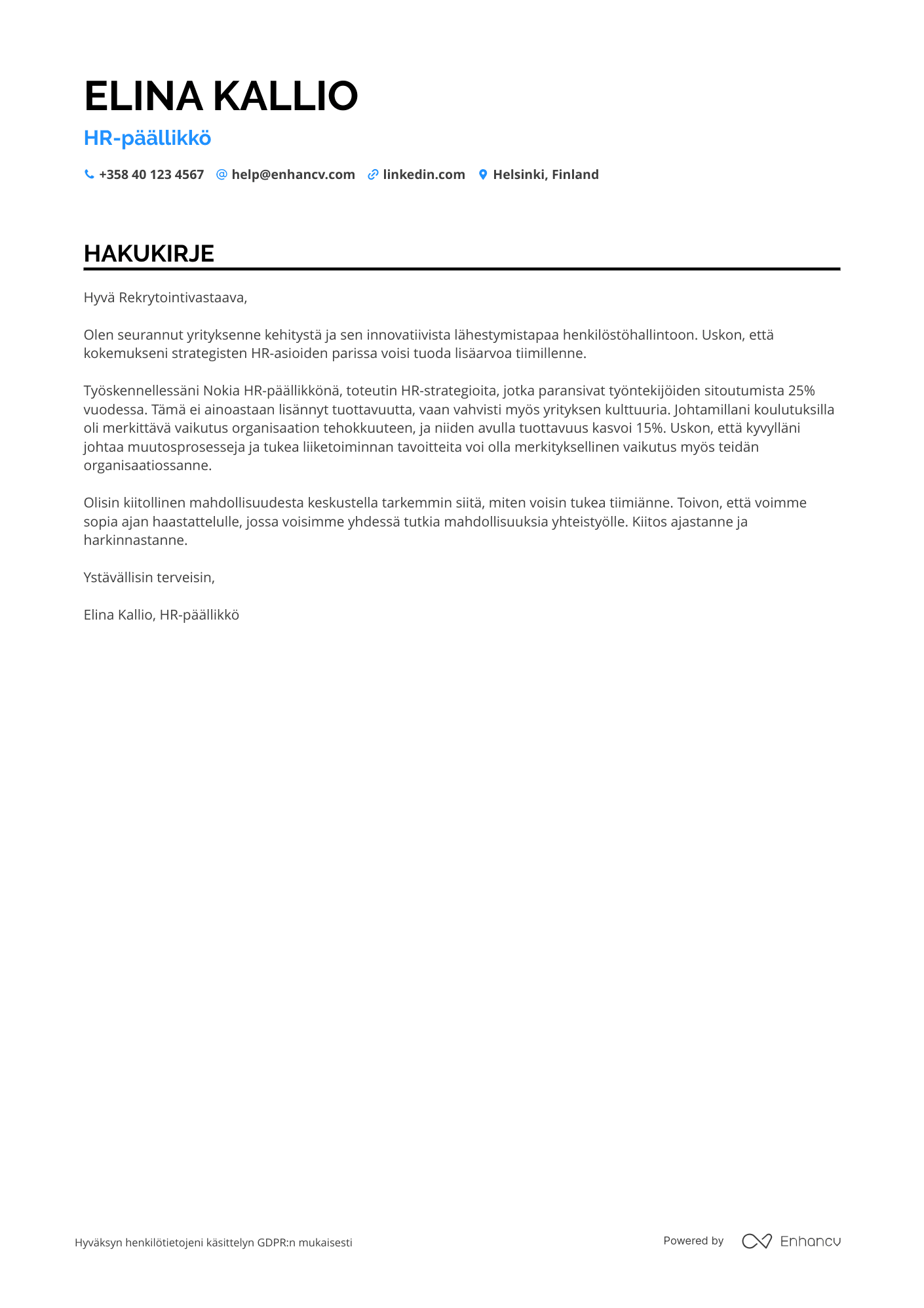 Hakukirje HR päällikkö henkilöstöasiat