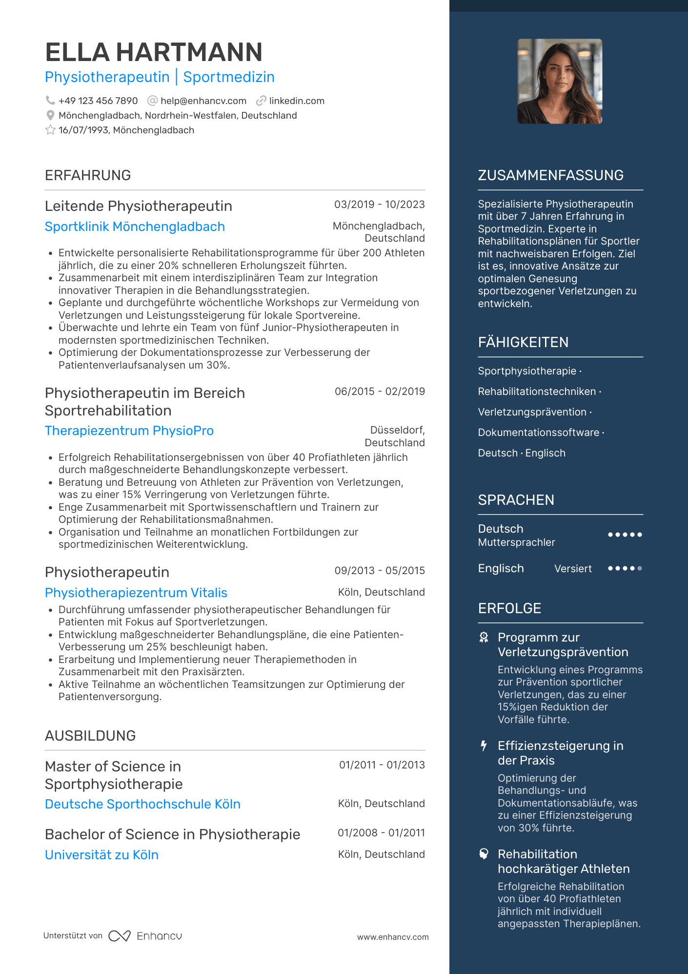 Lebenslauf als Physiotherapeut in der Sportmedizin