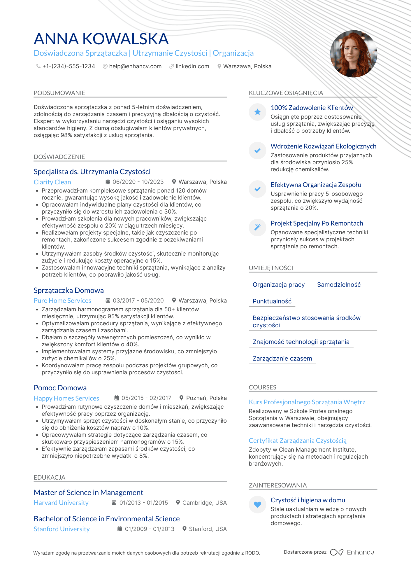 CV dla Sprzątaczka domowa
