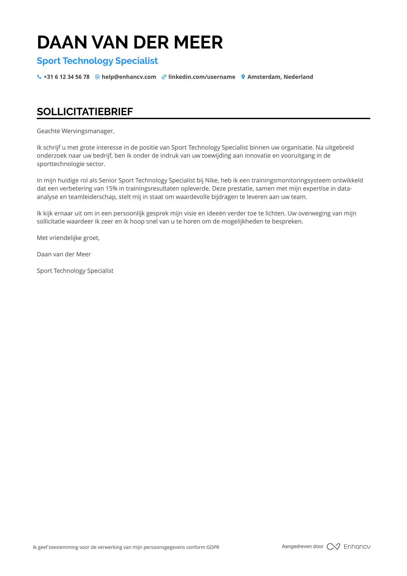 Sollicitatiebrief voor Sport Technology Specialist