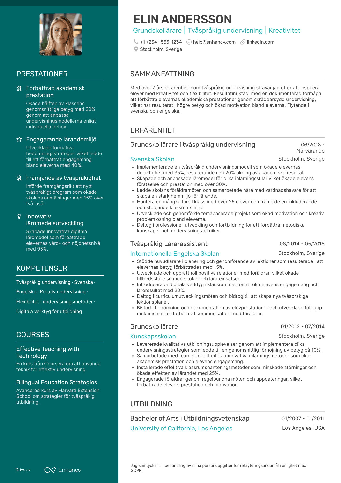 CV för Grundskollärare i tvåspråkig undervisning