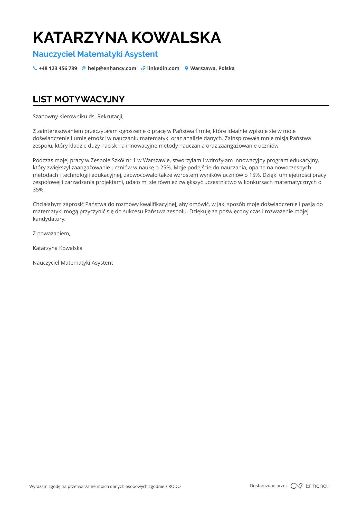 List motywacyjny dla Nauczyciel Matematyki Asystent