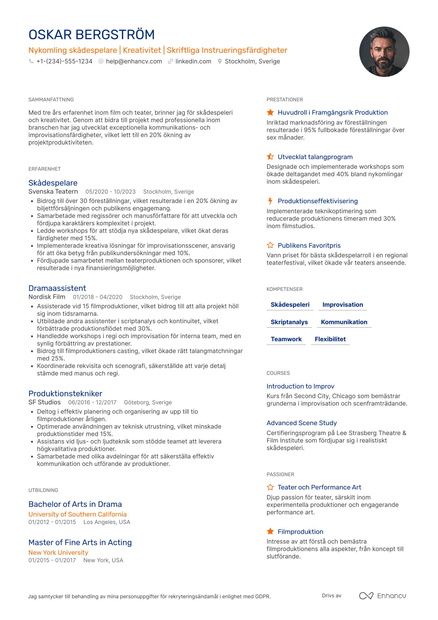 CV för Nykomling skådespelare