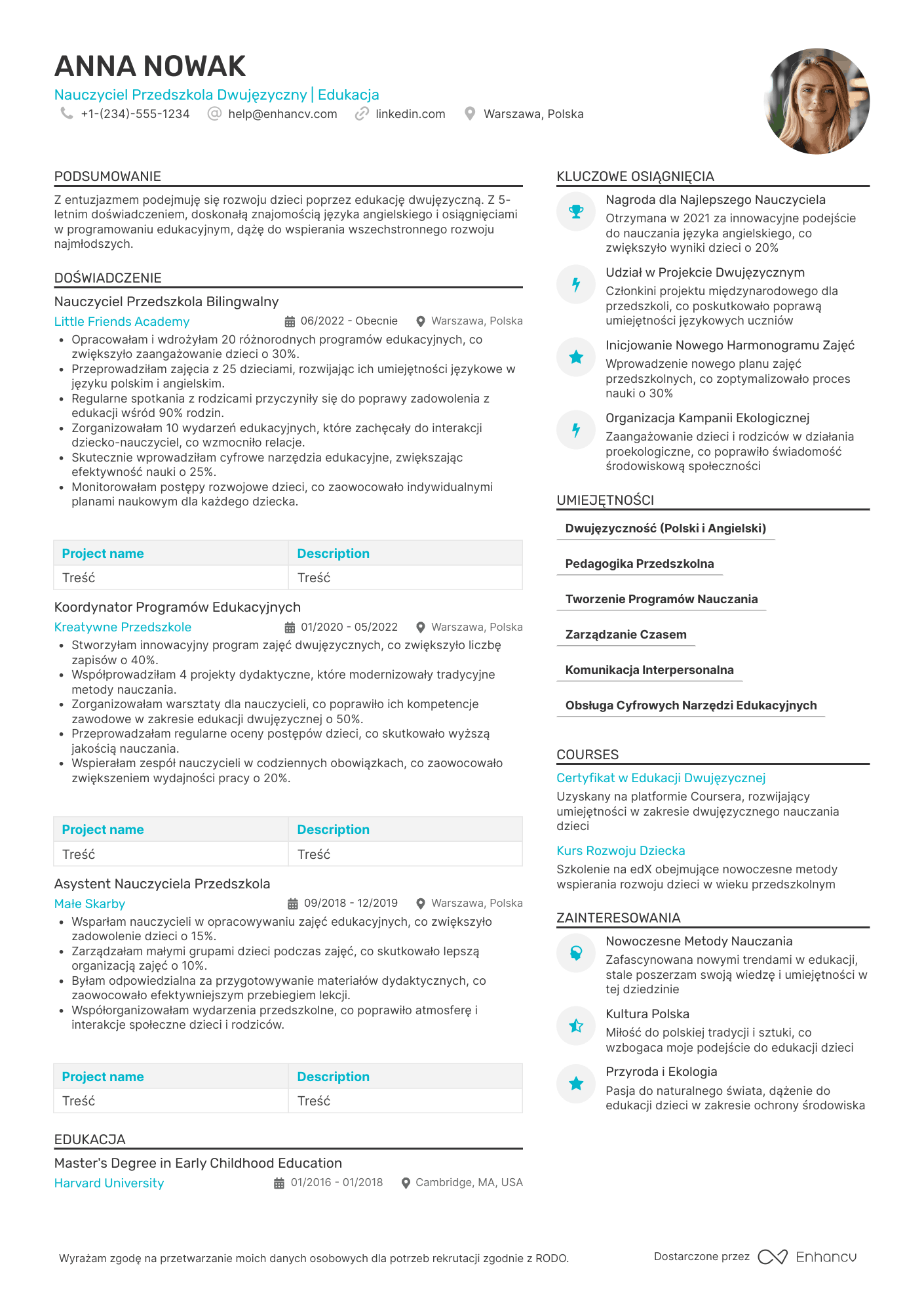 CV dla Nauczyciel Przedszkola Dwujęzyczny