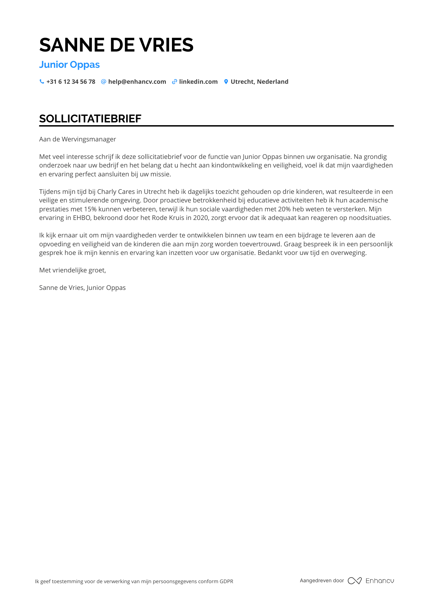 Sollicitatiebrief voor Junior Oppas
