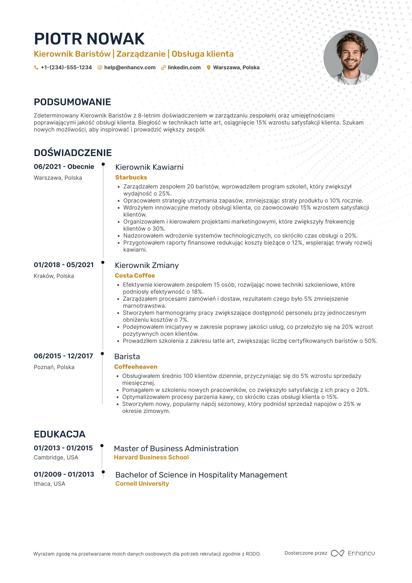 CV dla Barista Manager