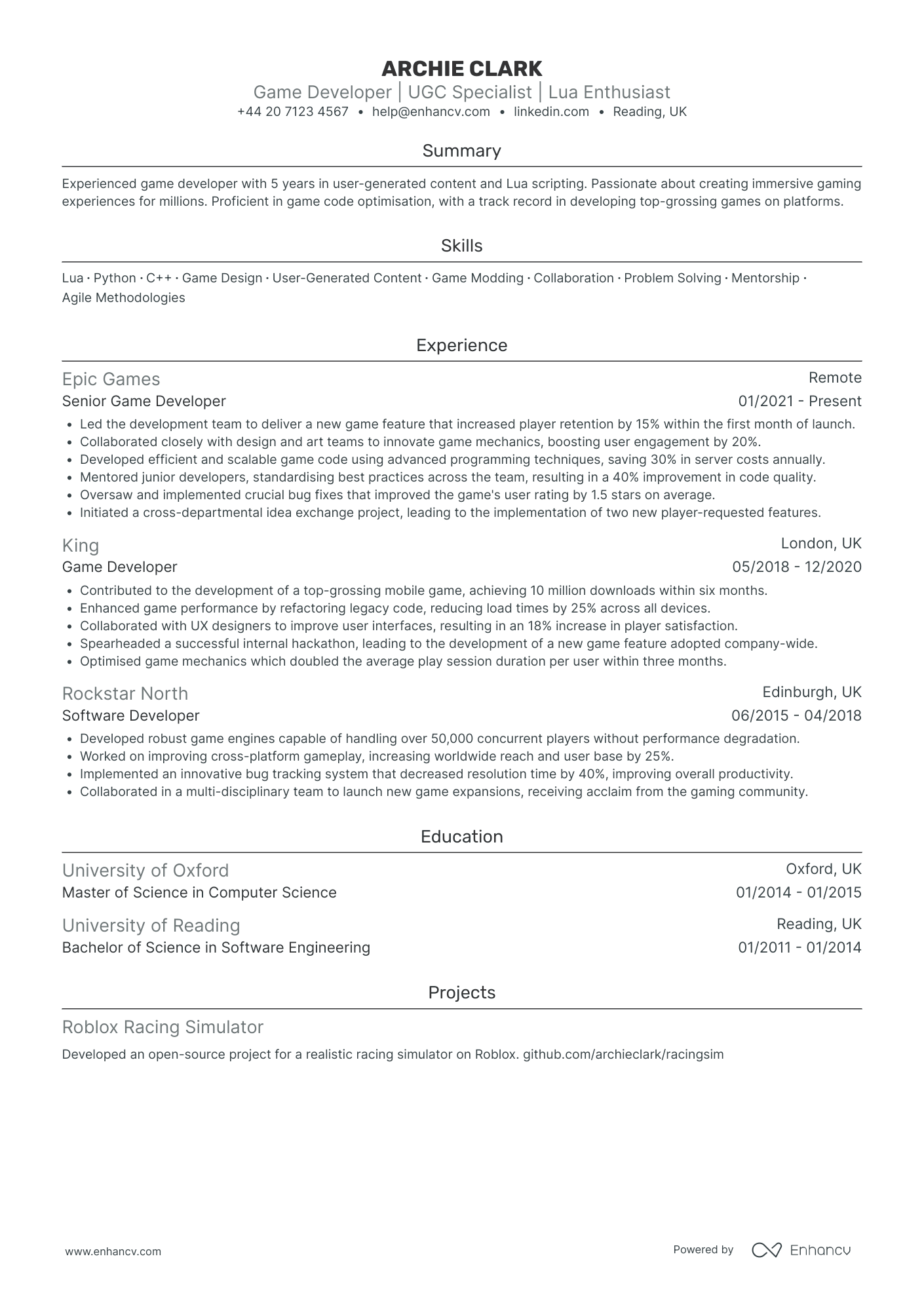 Game Developer CV Examples