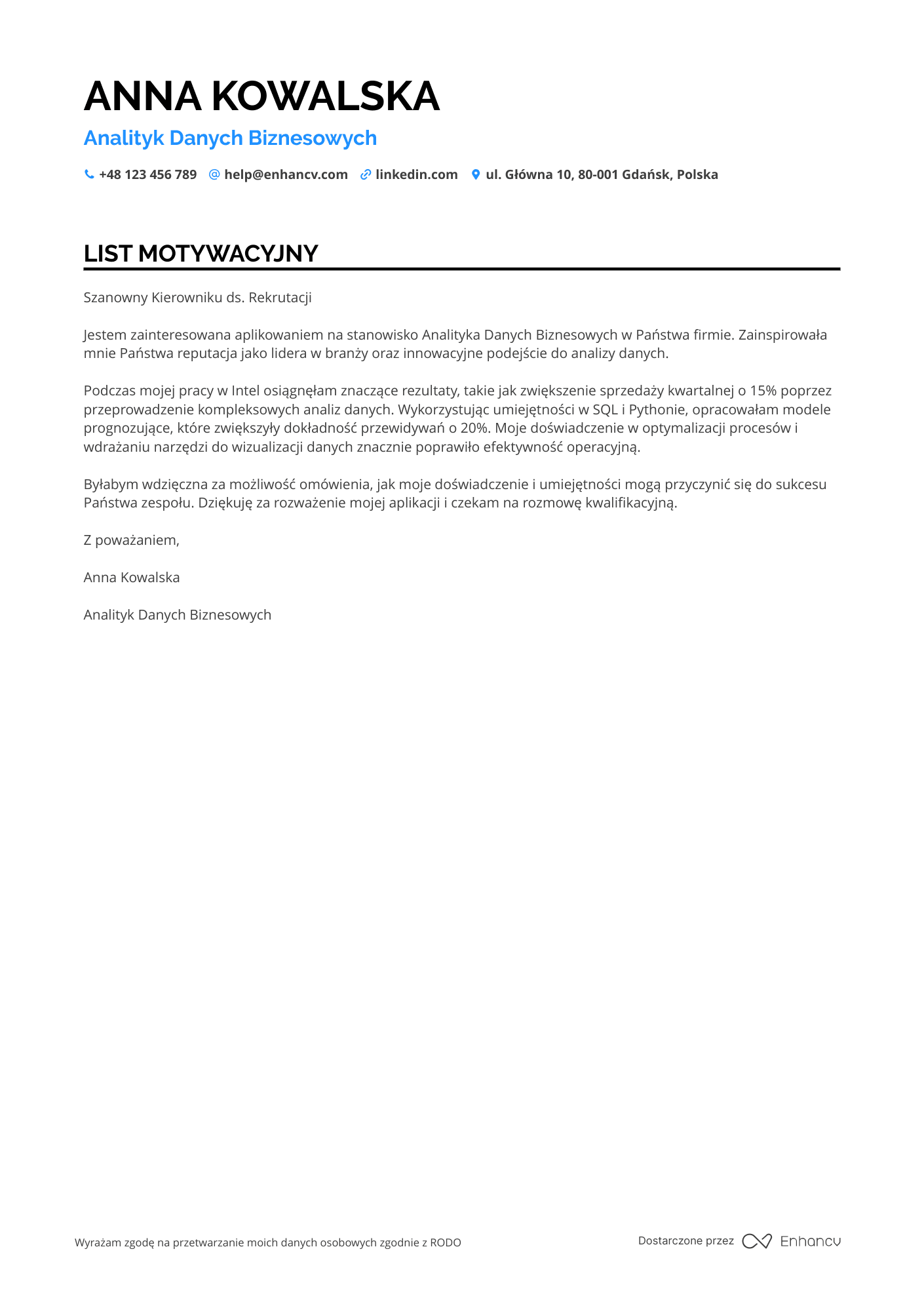 List motywacyjny dla Analityk Danych Biznesowych