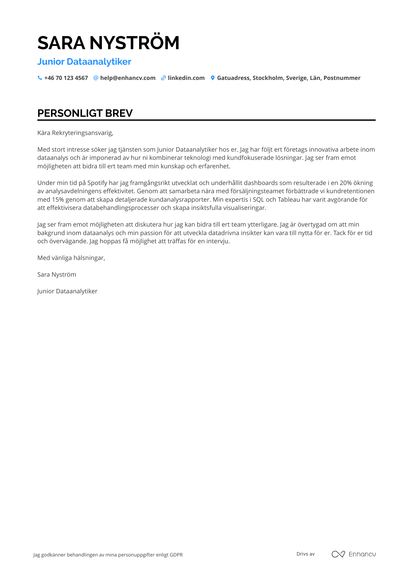 Personligt brev för Junior Dataanalytiker